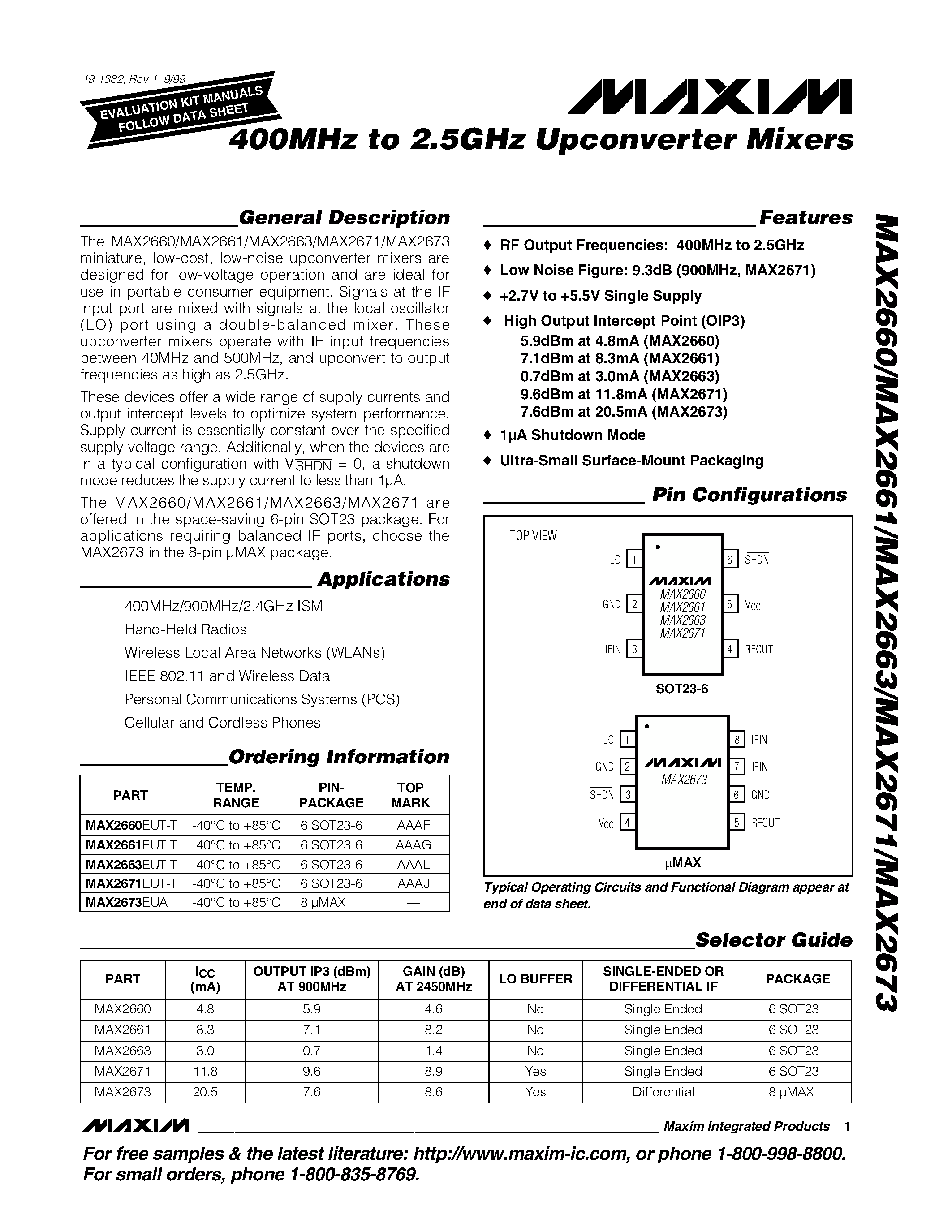 Datasheet MAX2660 - 400MHz to 2.5GHz Upconverter Mixers page 1