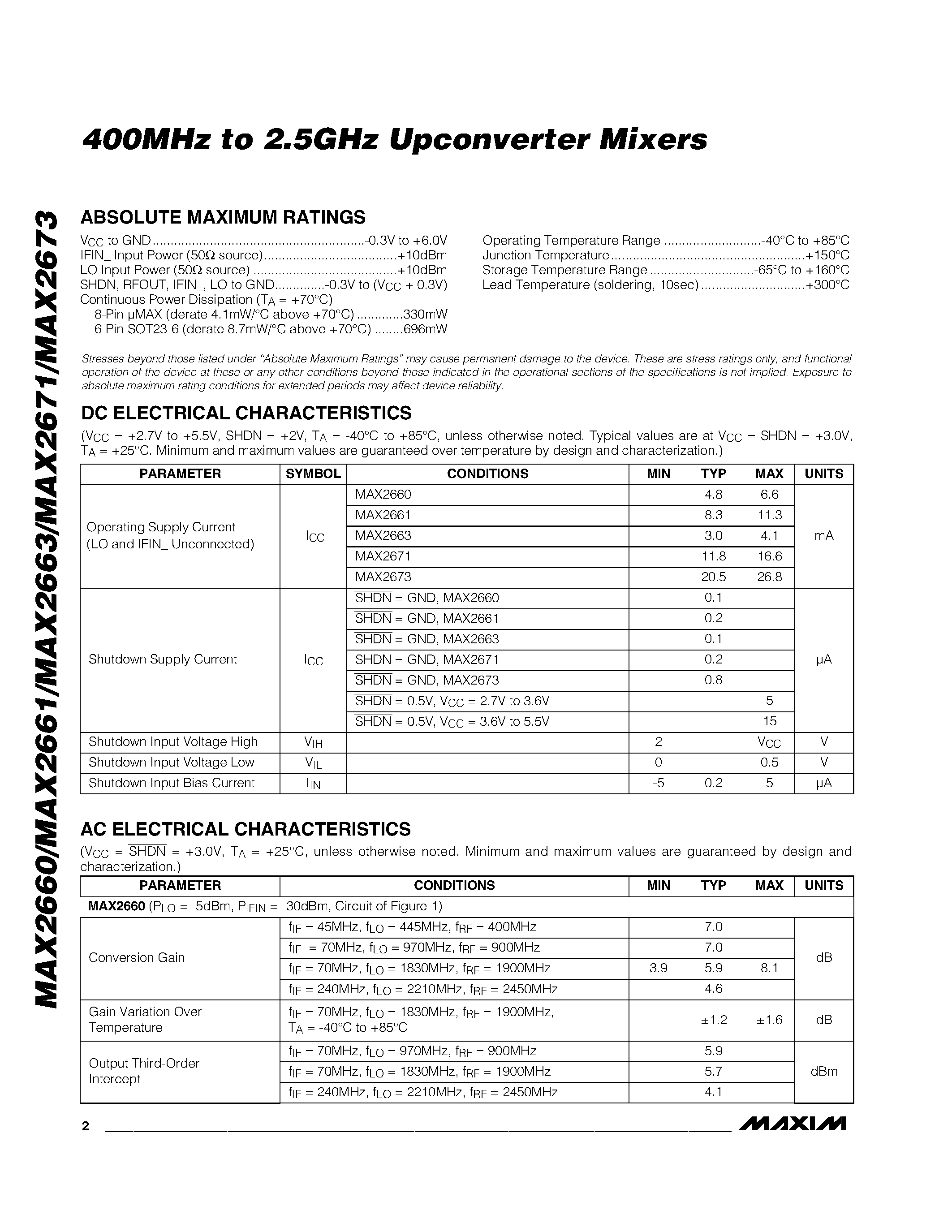 Datasheet MAX2661 - 400MHz to 2.5GHz Upconverter Mixers page 2