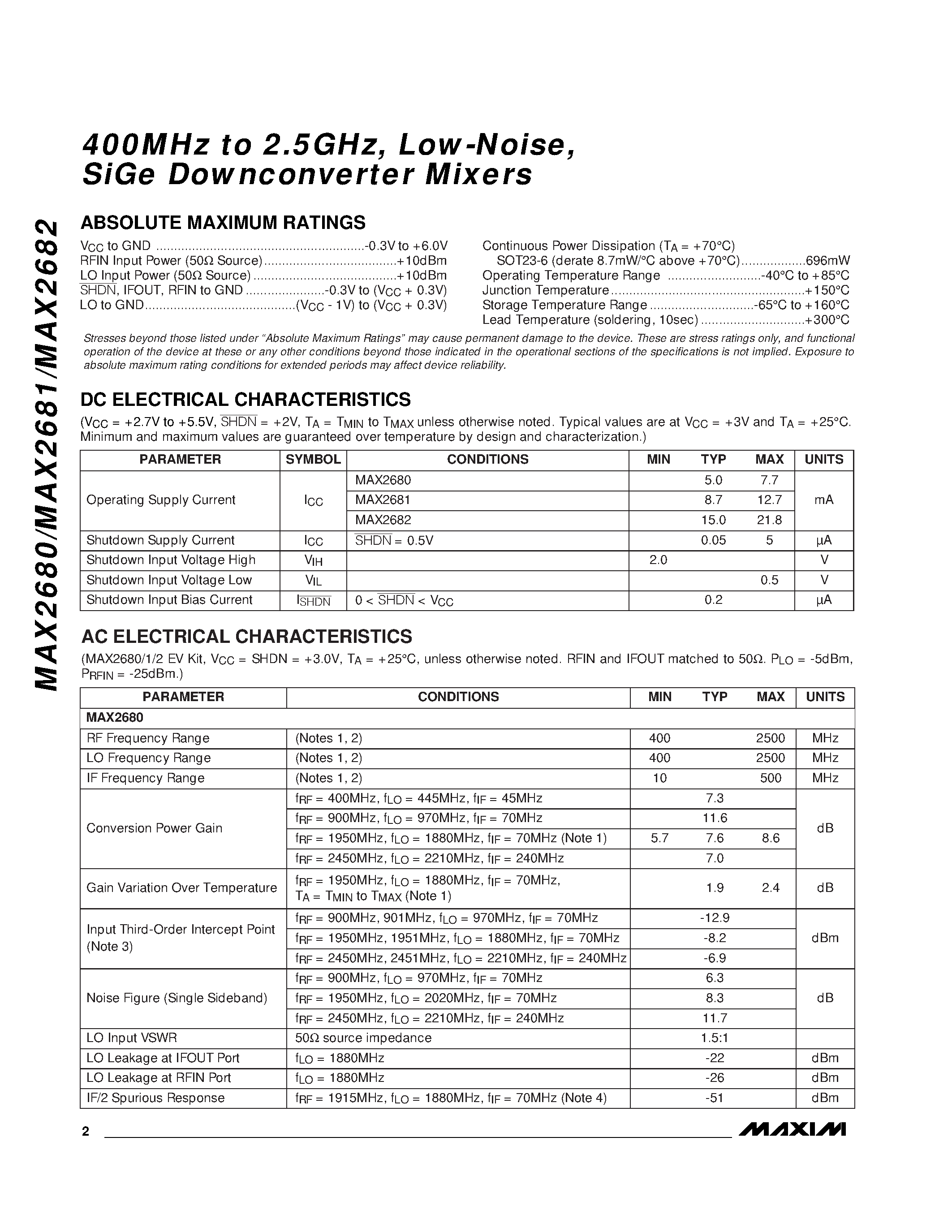 Datasheet MAX2680-MAX2682 - 400MHz to 2.5GHz / Low-Noise / SiGe Downconverter Mixers page 2
