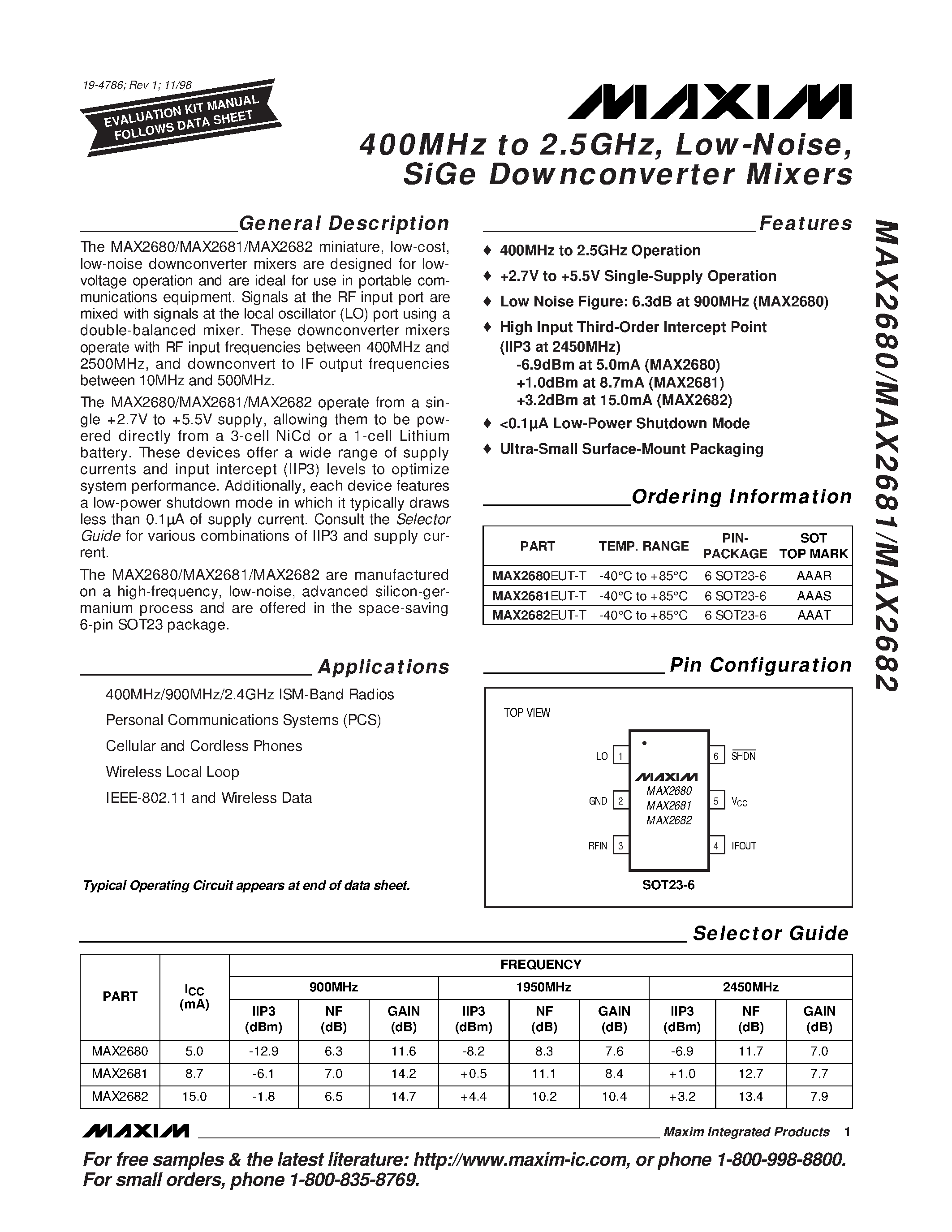 Datasheet MAX2680EUT-T - 400MHz to 2.5GHz / Low-Noise / SiGe Downconverter Mixers page 1