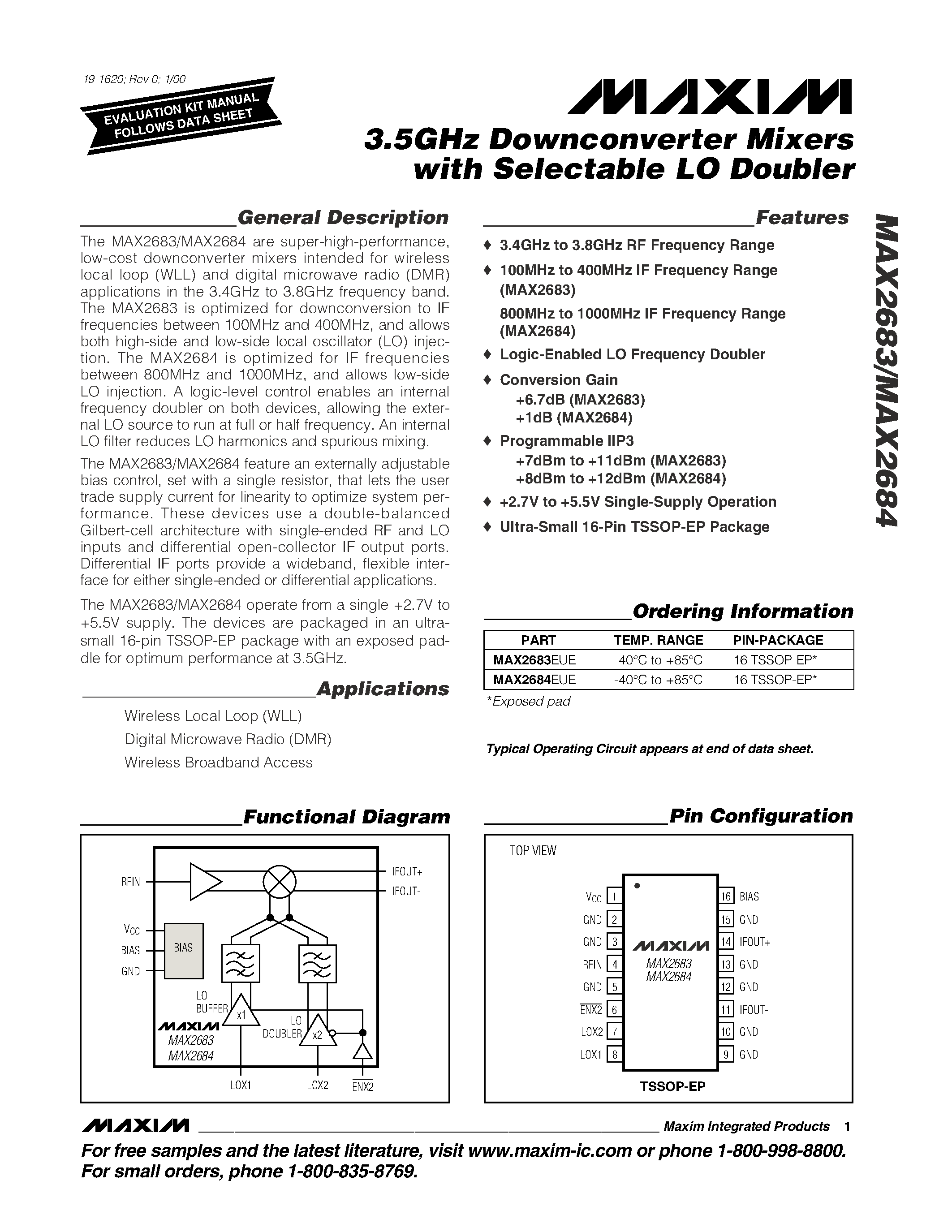 Datasheet MAX2683EUE - 3.5GHz Downconverter Mixers with Selectable LO Doubler page 1