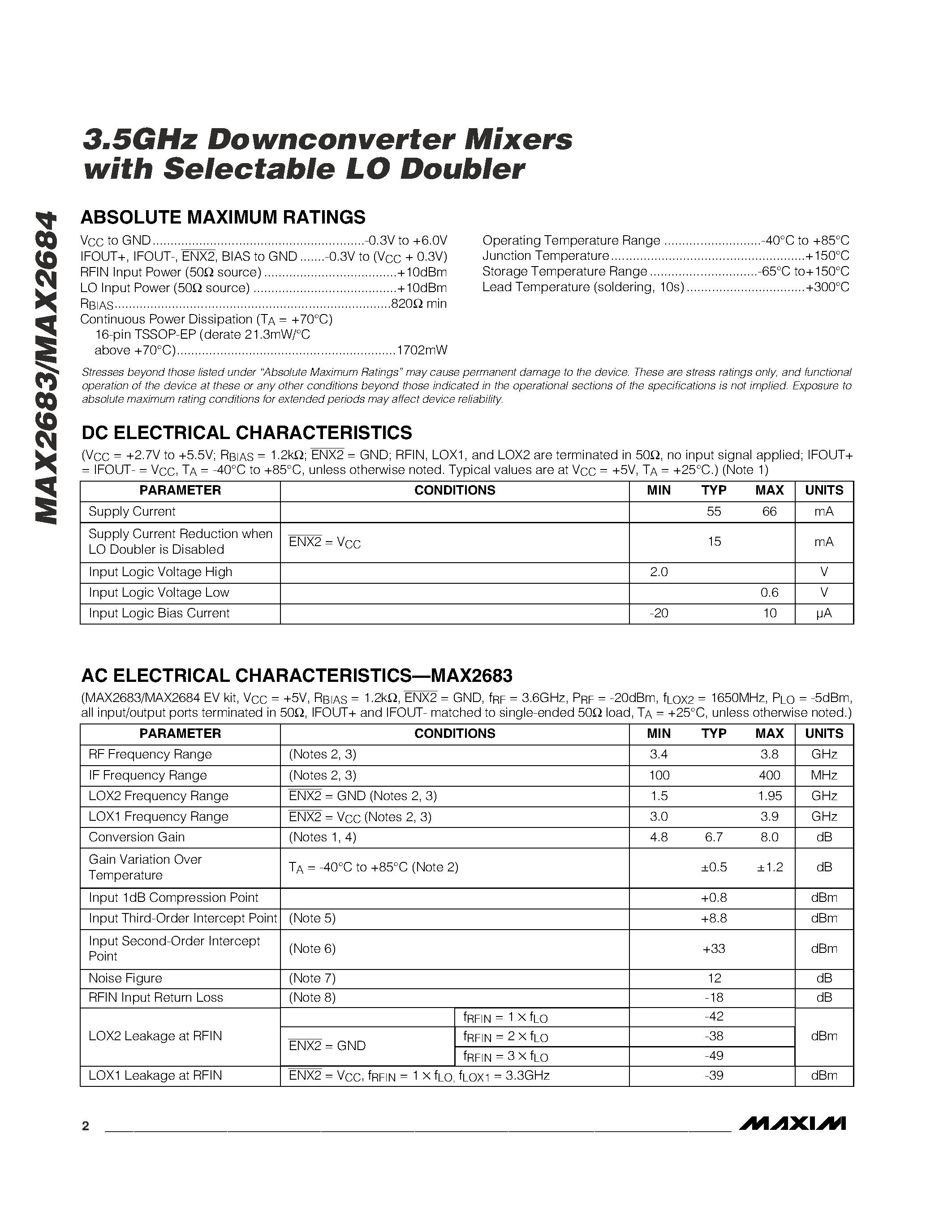 Datasheet MAX2684EUE - 3.5GHz Downconverter Mixers with Selectable LO Doubler page 2