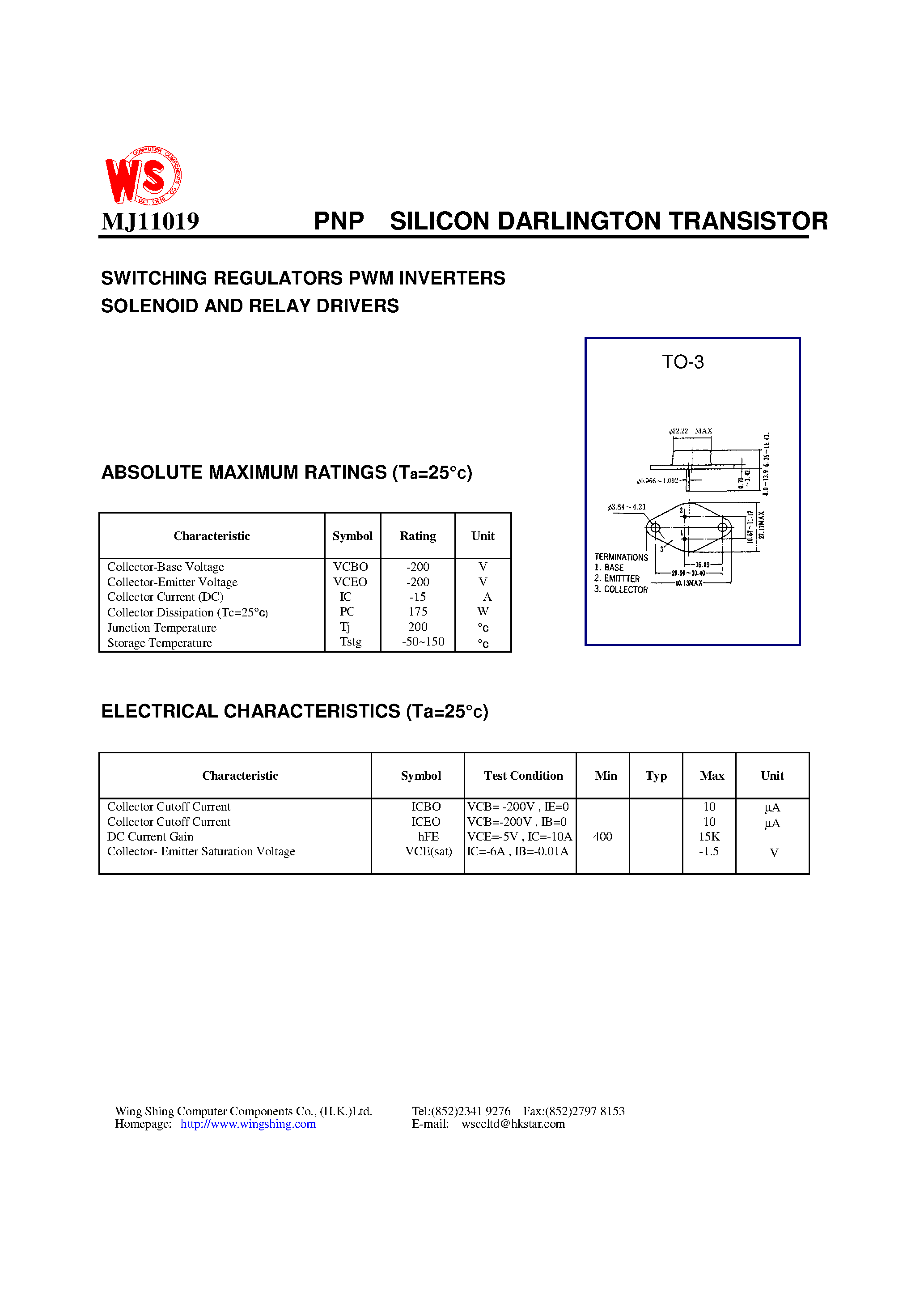 Даташит MJ11019 - PNP SILICON DARLINGTON TRANSISTOR(SWITCHING REGULATORS PWM INVERTERS SOLENOID AND RELAY DRIVERS) страница 1