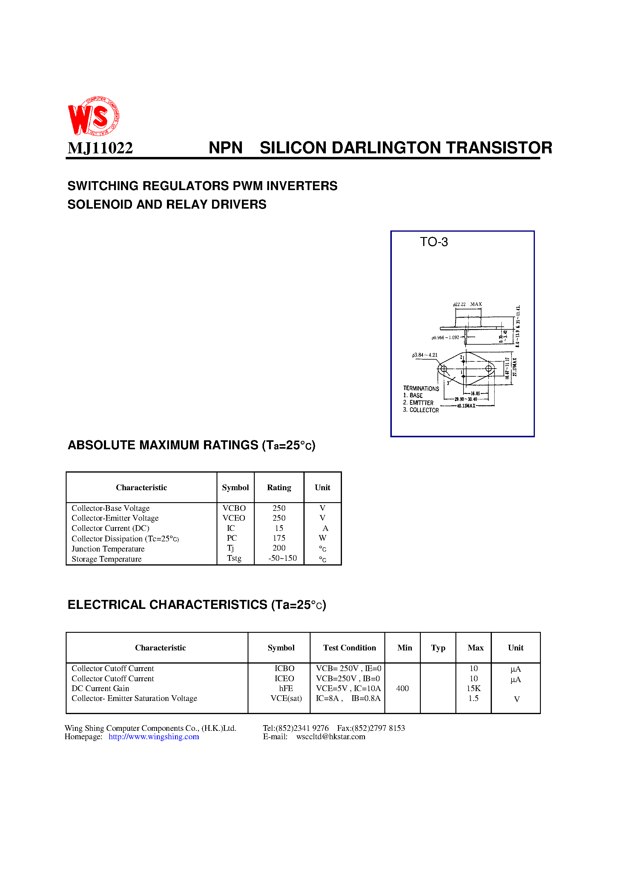 Даташит MJ11022 - NPN SILICON DARLINGTON TRANSISTOR(SWITCHING REGULATORS PWM INVERTERS SOLENOID AND RELAY DRIVERS) страница 1