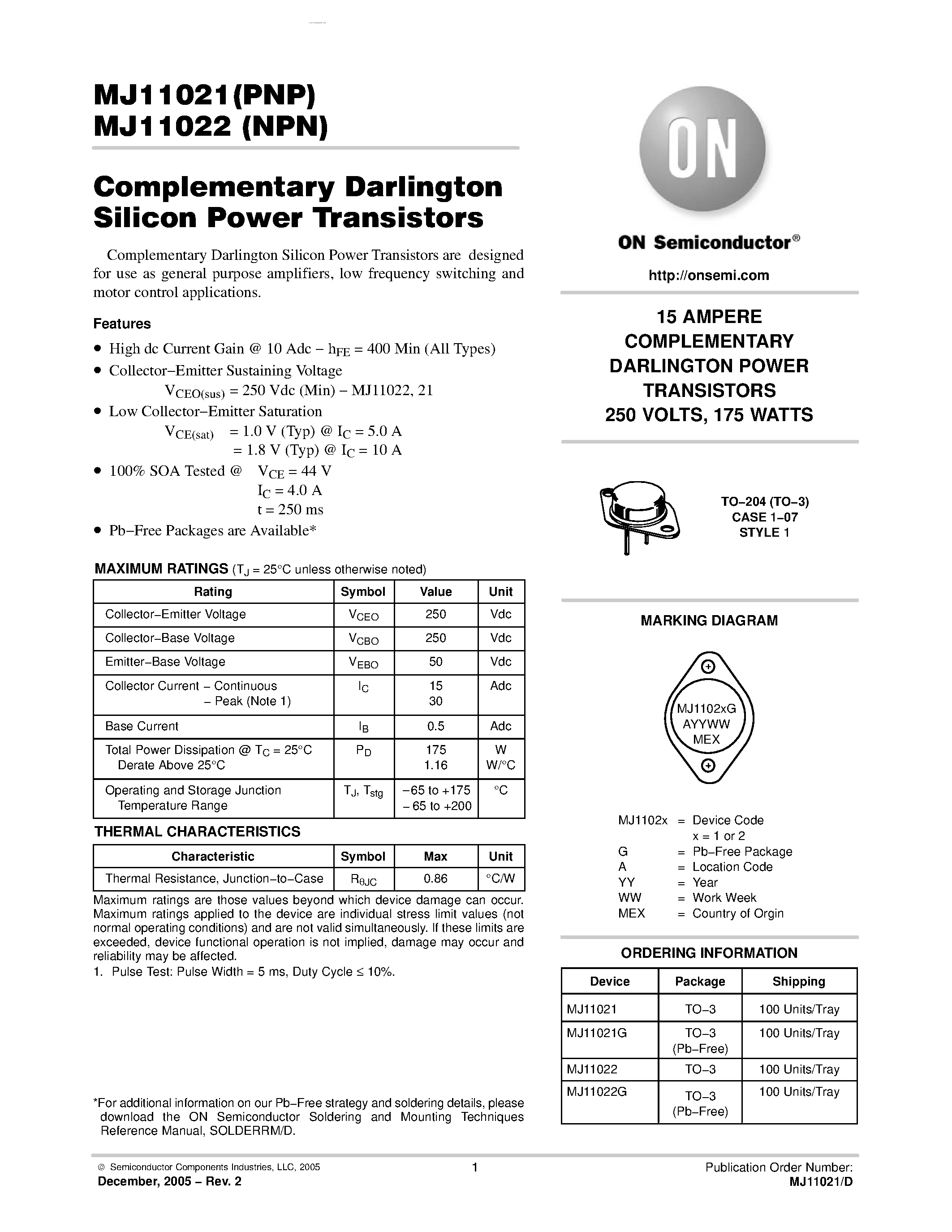 Даташит MJ11022 - DARLINGTON POWER TRANSISTORS COMPLEMENTARY SILICON страница 1