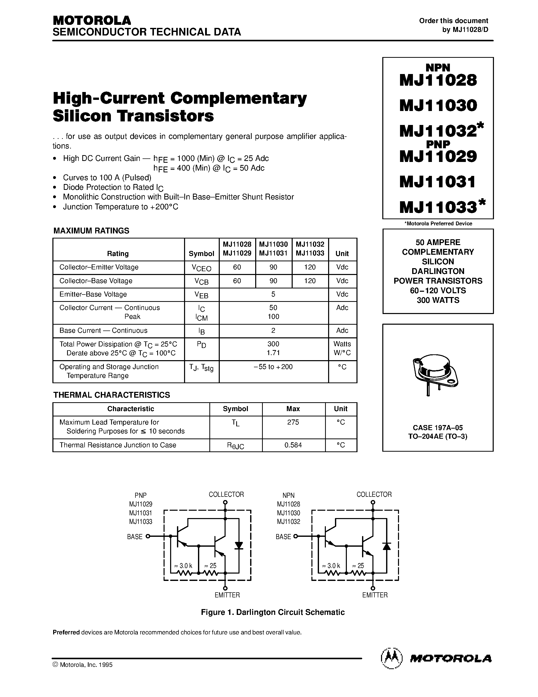 Даташит MJ11029 - 50 AMPERE COMPLEMENTARY SILICON DARLINGTON POWER TRANSISTORS 60.120 VOLTS 300 WATTS страница 1