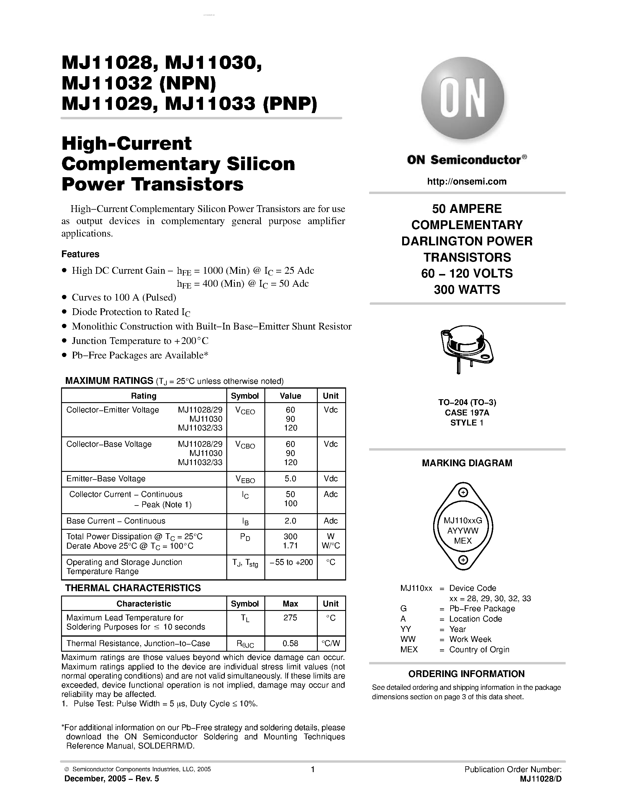 Даташит MJ11029 - COMPLEMENTARY SILICON DARLINGTON POWER TRANSISTORS страница 1