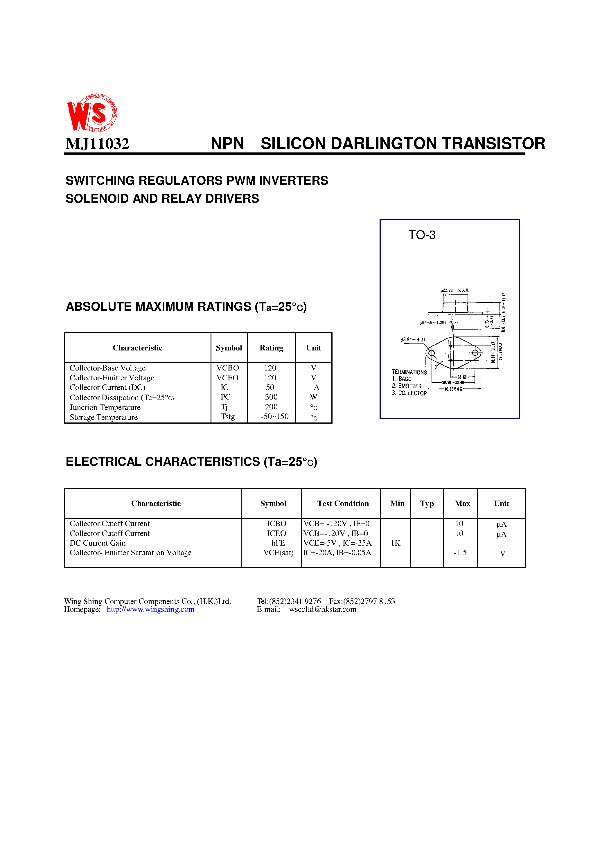 Даташит MJ11032 - NPN SILICON DARLINGTON TRANSISTOR(SWITCHING REGULATORS PWM INVERTERS SOLENOID AND RELAY DRIVERS) страница 1
