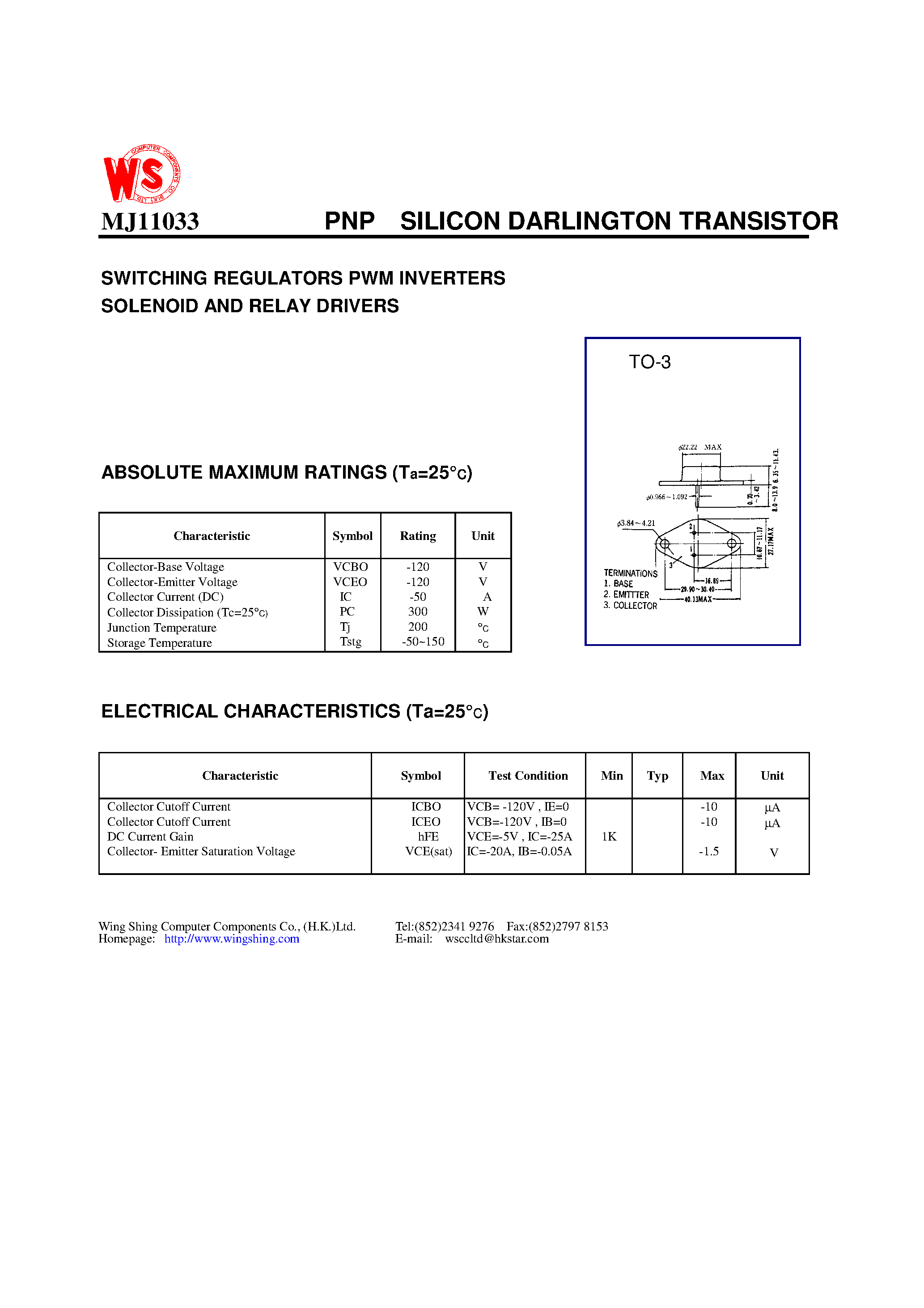 Даташит MJ11033 - PNP SILICON DARLINGTON TRANSISTOR(SWITCHING REGULATORS PWM INVERTERS SOLENOID AND RELAY DRIVERS) страница 1