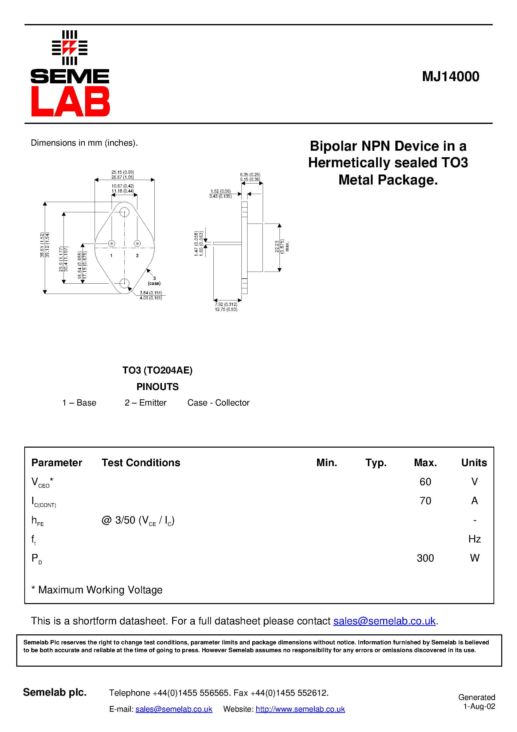 Datasheet MJ14000 - Bipolar NPN Device in a Hermetically sealed TO3 Metal Package page 1
