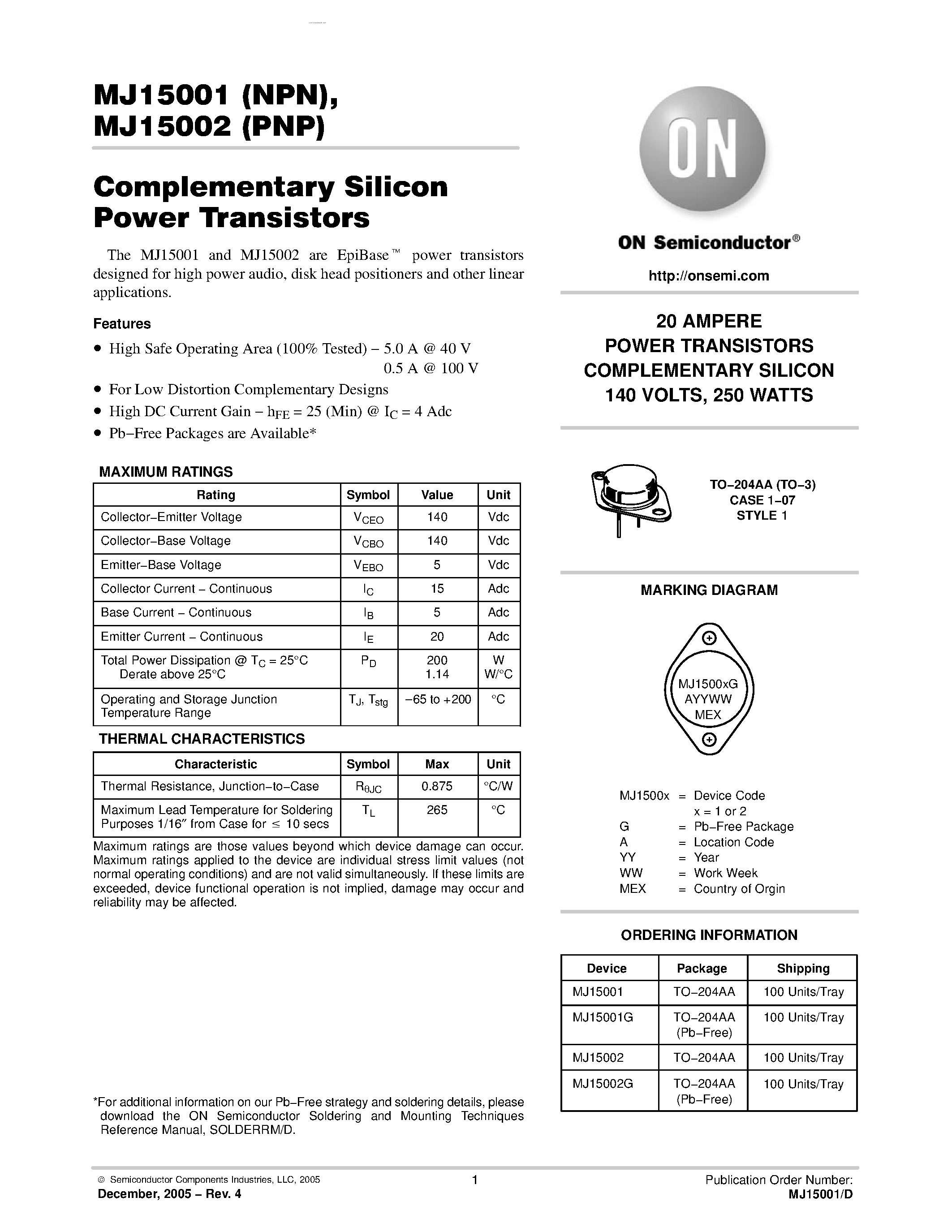 Даташит MJ15002 - POWER TRANSISTORS COMPLEMENTARY SILICON страница 1
