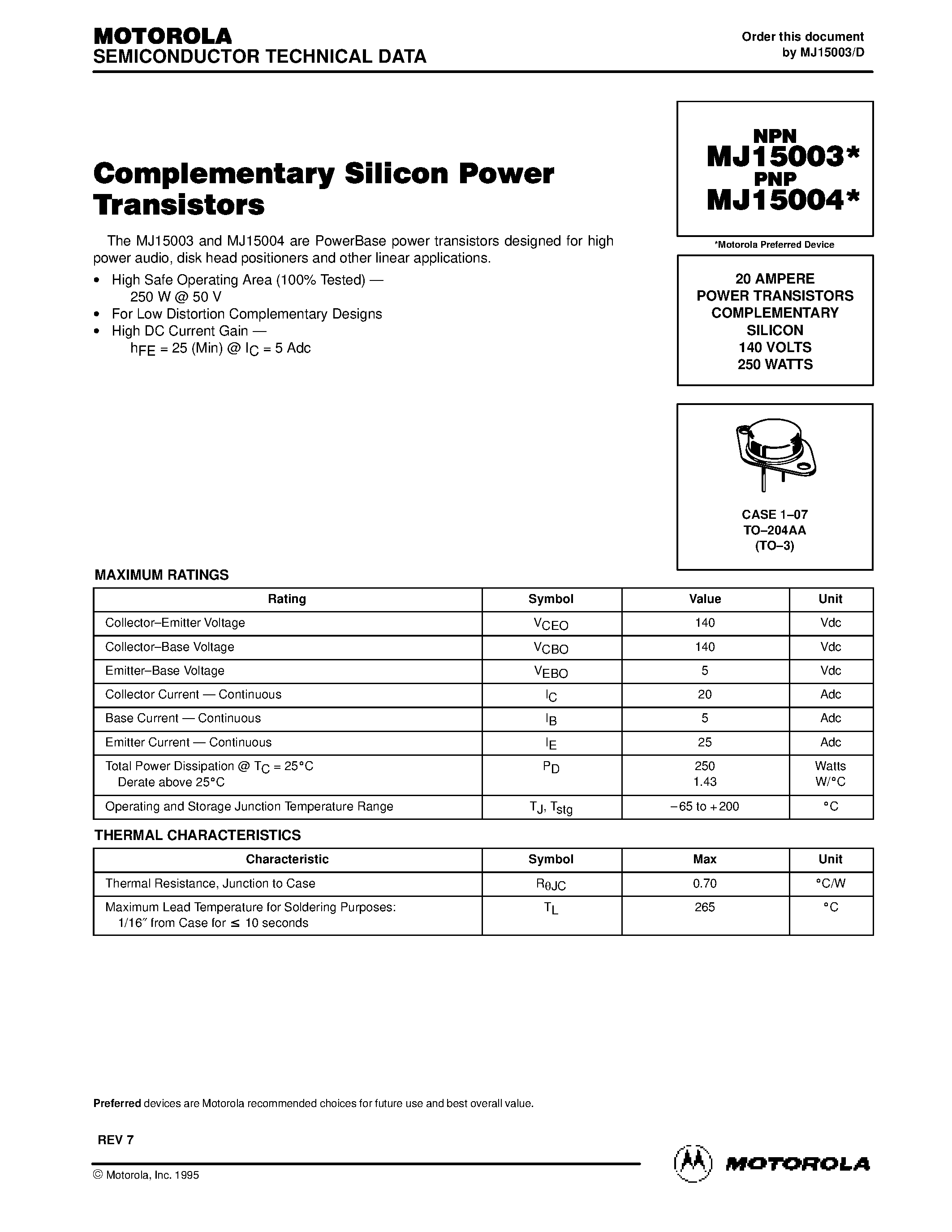 Даташит MJ15003 - 20 AMPERE POWER TRANSISTORS COMPLEMENTARY SILICON 140 VOLTS 250 WATTS страница 1