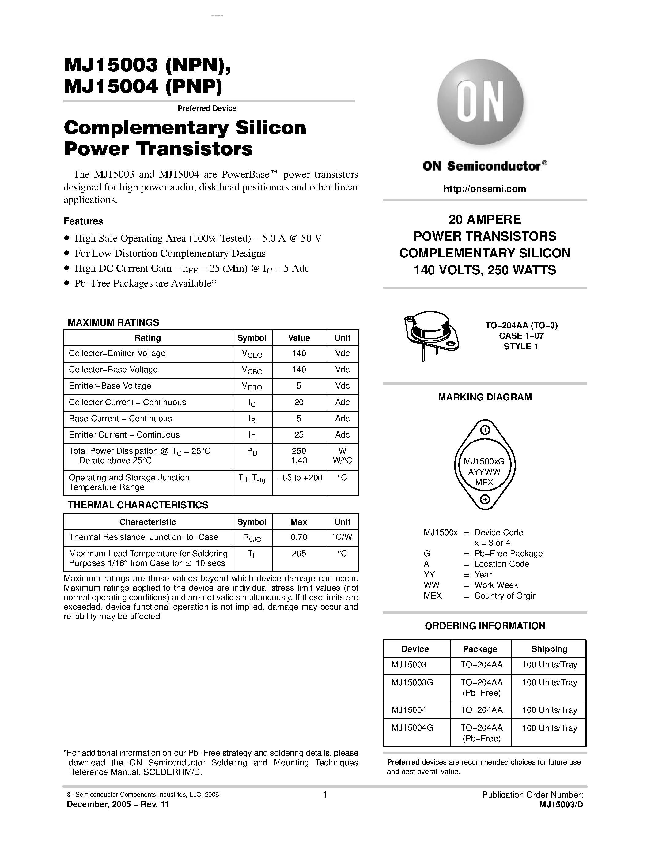 Даташит на микросхему MJ15004 страница 1 Даташит MJ15004 - POWER TRANSISTORS COMPLEMENTARY SILICON страница 1