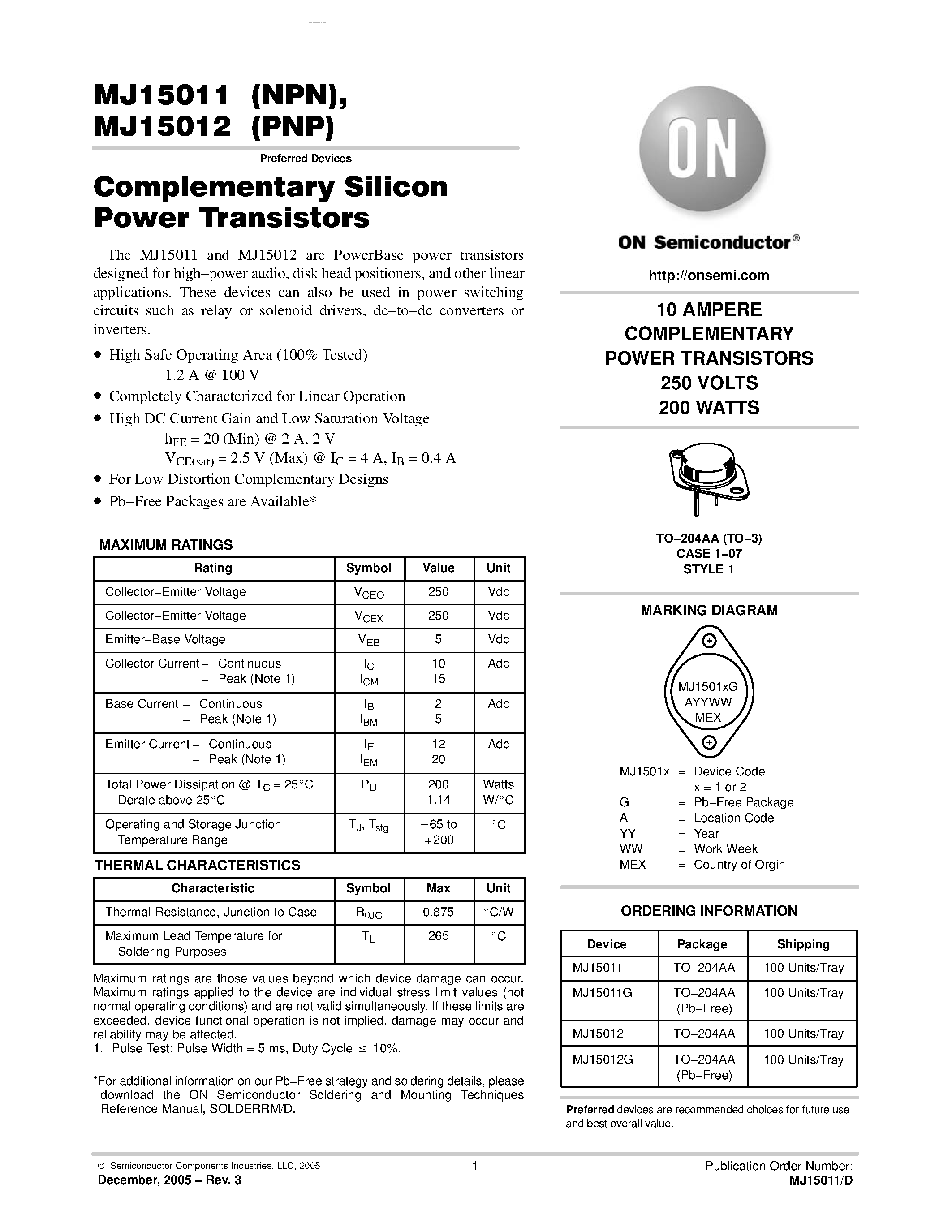 Даташит MJ15012 - COMPLEMENTARY POWER TRANSISTORS страница 1