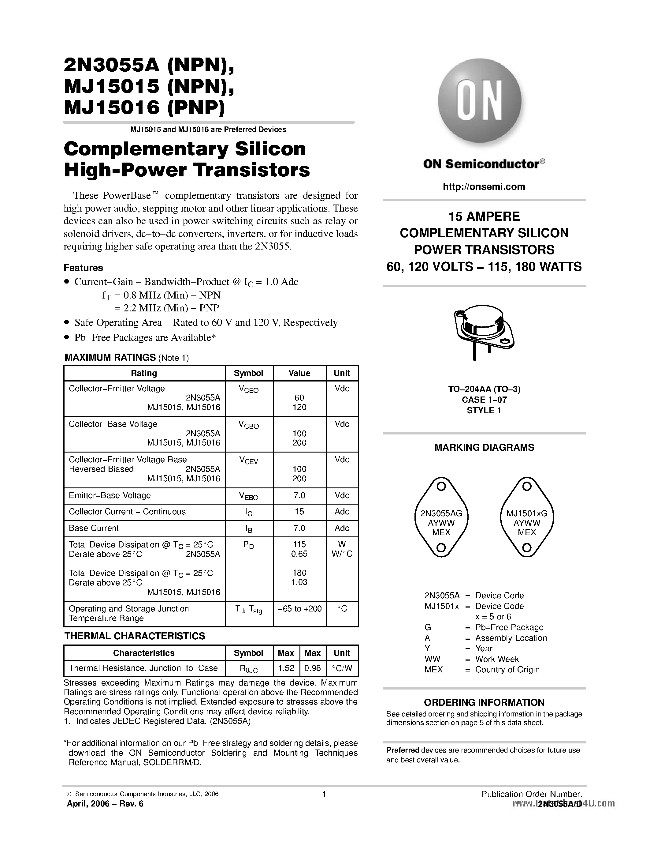 Даташит MJ15015 - COMPLEMENTARY SILICON POWER TRANSISTORS страница 1