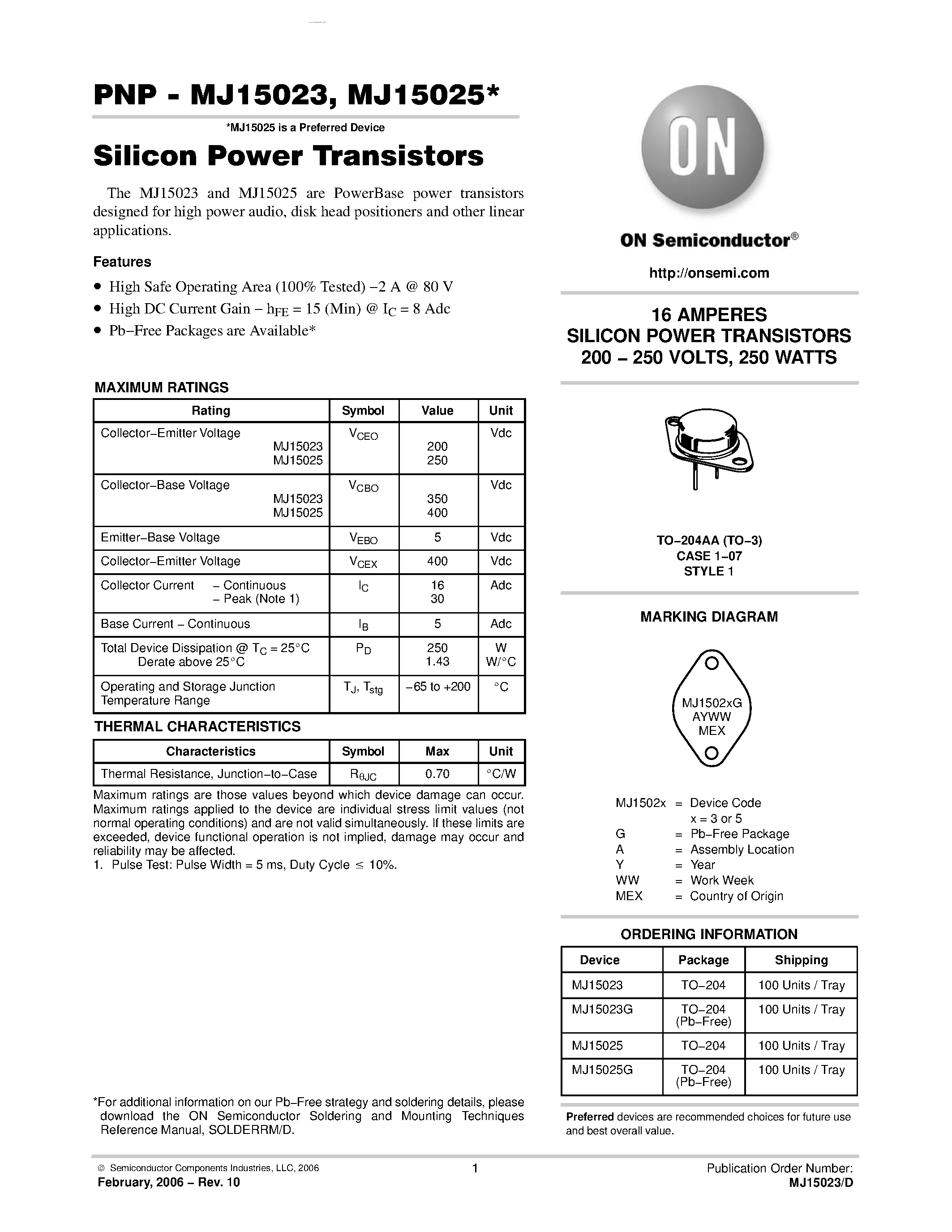 Даташит на микросхему MJ15025 страница 1 Даташит MJ15025 - SILICON POWER TRANSISTORS страница 1
