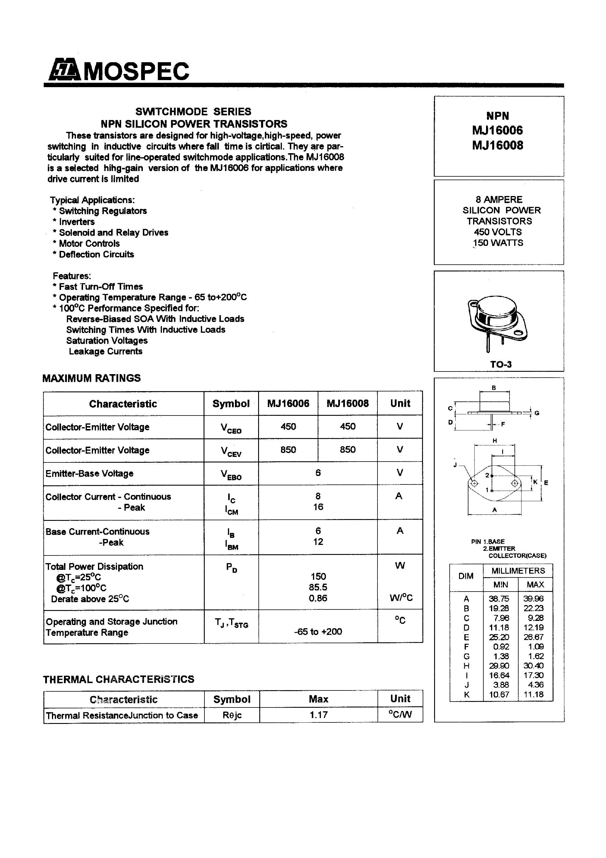 Даташит на микросхему MJ16006 страница 1 Даташит MJ16006 - POWER TRANSISTORS(8A /450V /150W) страница 1
