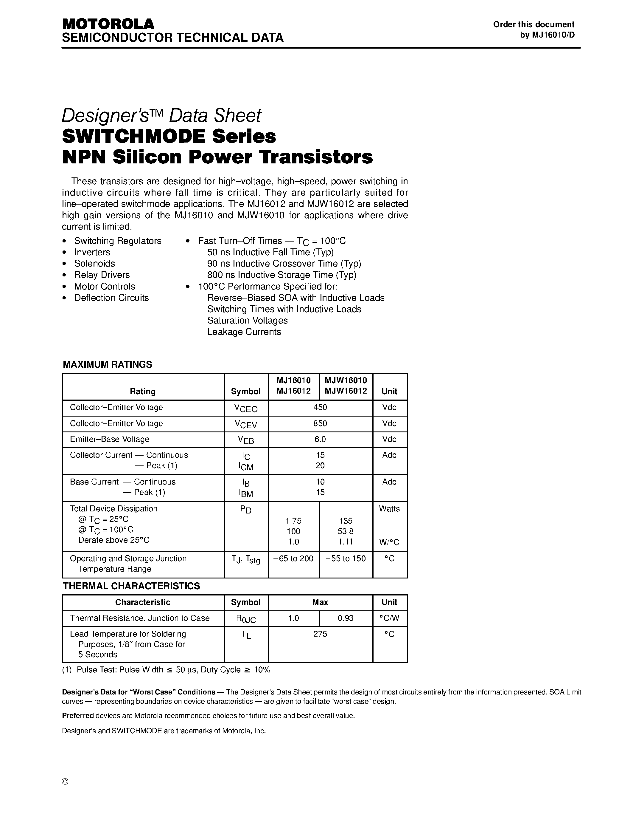 Даташит MJ16010 - 15 AMPERE NPN SILICON POWER TRANSISTORS 450 VOLTS 135 AND 175 WATTS страница 1
