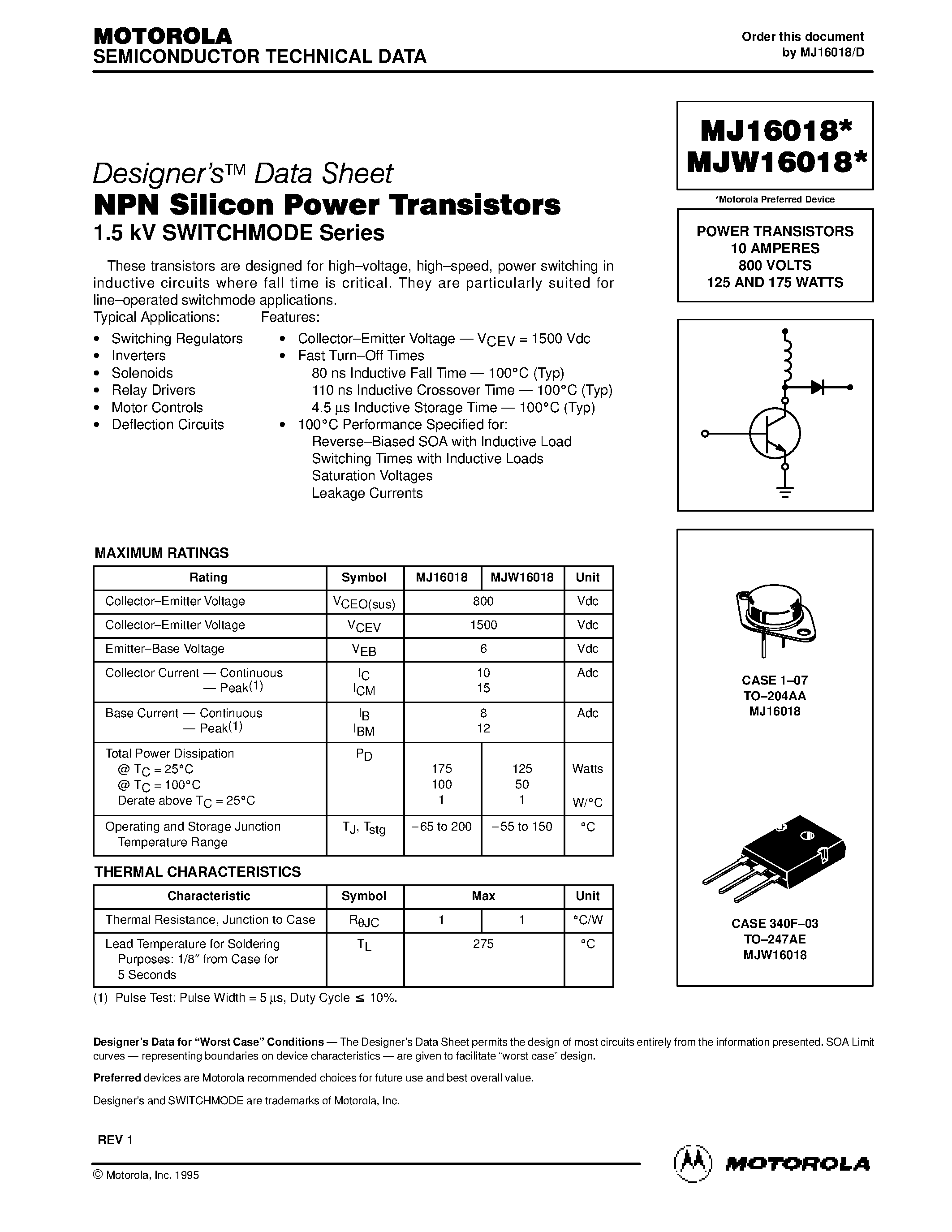 Даташит на микросхему MJ16018 страница 1 Даташит MJ16018 - NPN Silicon Power Transistors страница 1