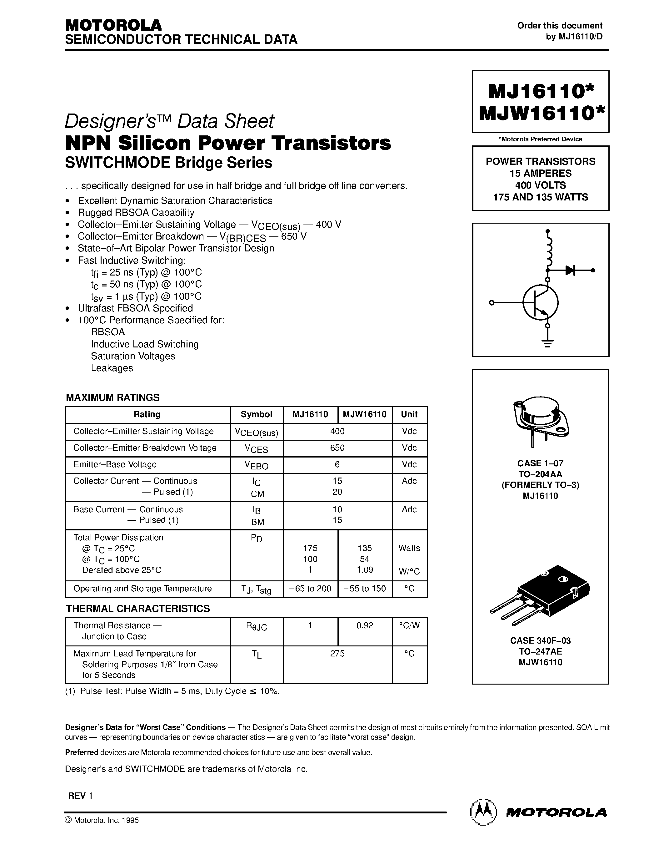 Даташит MJ16110 - NPN Silicon Power Transistors страница 1