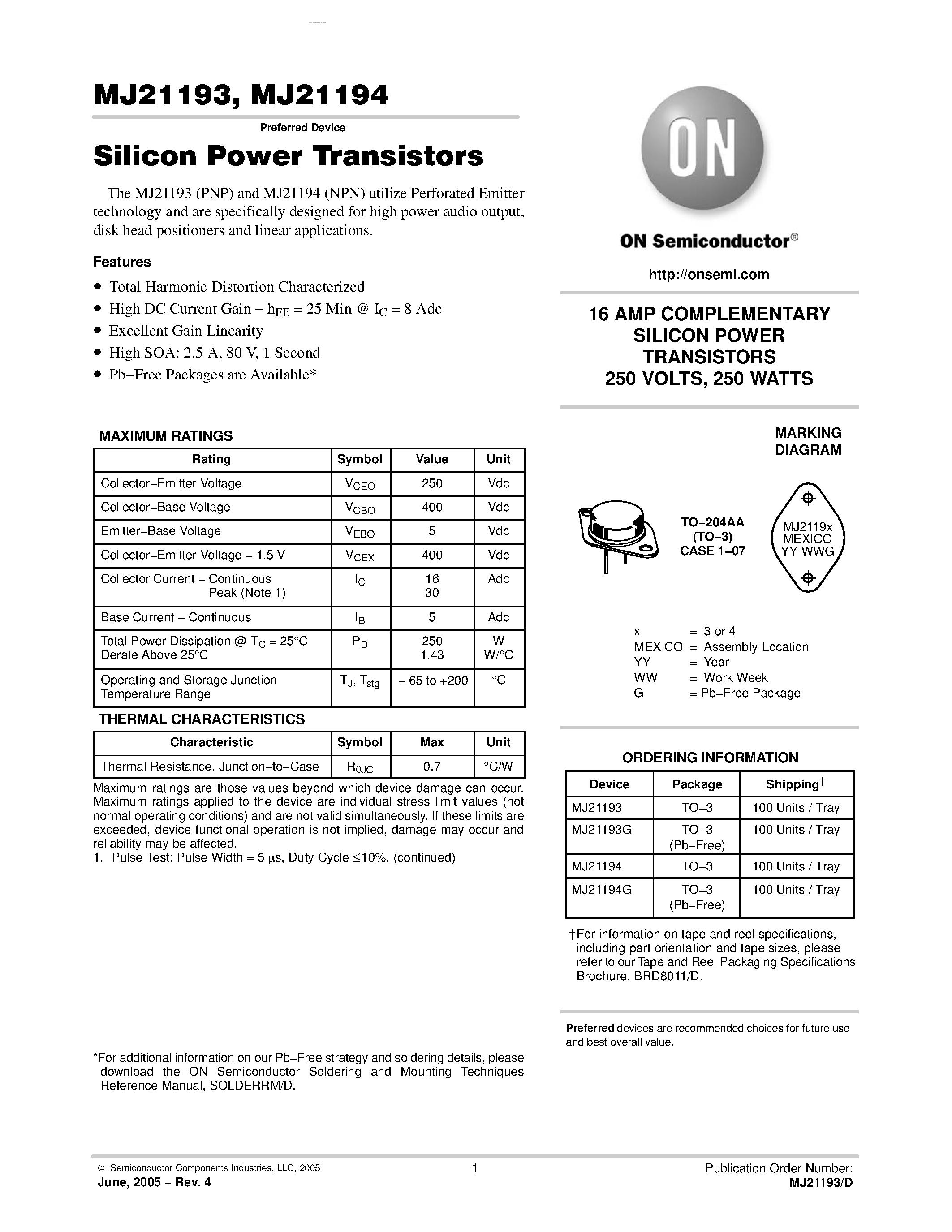 Даташит на микросхему MJ21193 страница 1 Даташит MJ21193 - COMPLEMENTARY SILICON POWER TRANSISTORS страница 1