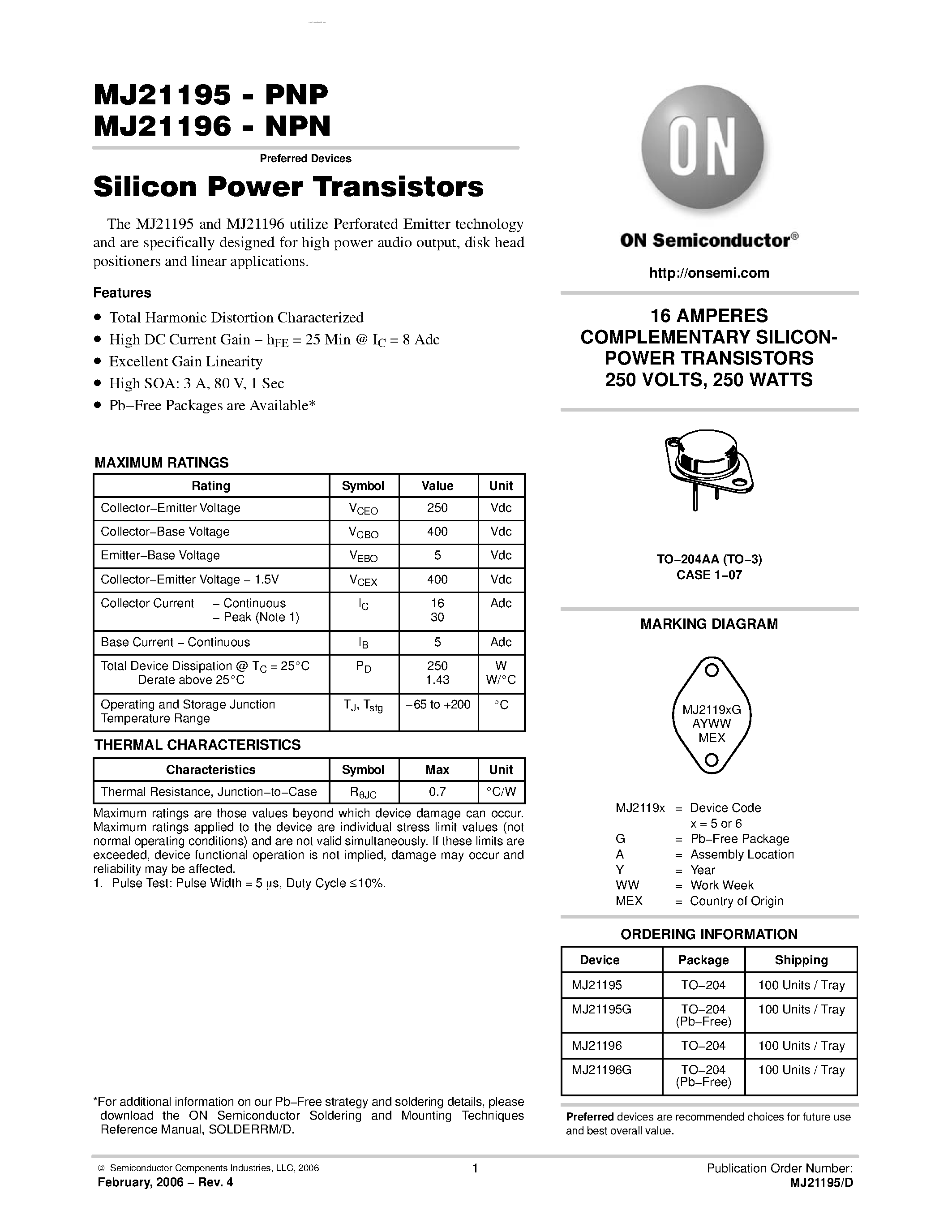 Даташит MJ21196 - COMPLEMENTARY SILICON POWER TRANSISTORS страница 1