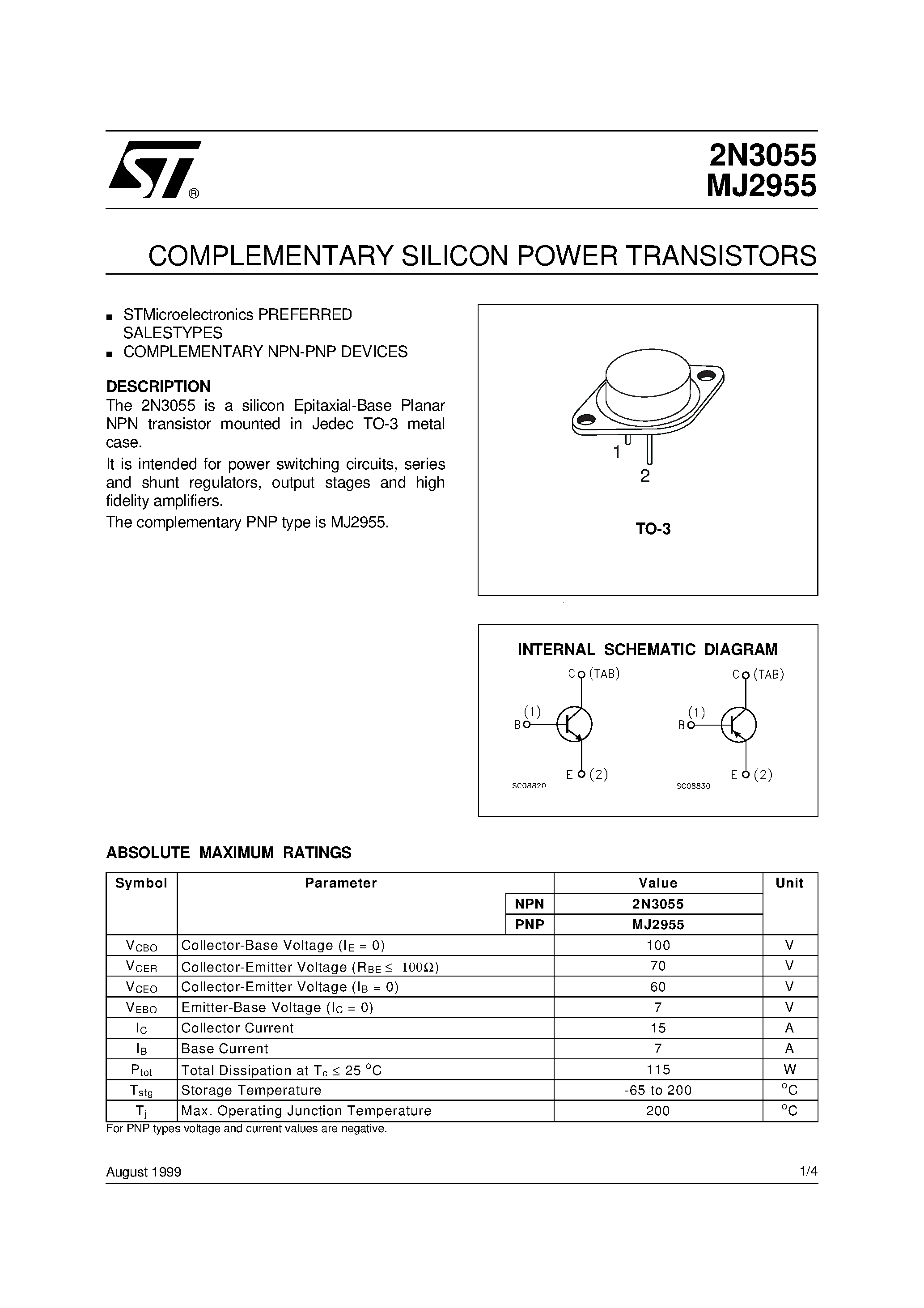 Datasheet MJ2955 page 1 Datasheet MJ2955 - COMPLEMENTARY SILICON POWER TRANSISTORS page 1