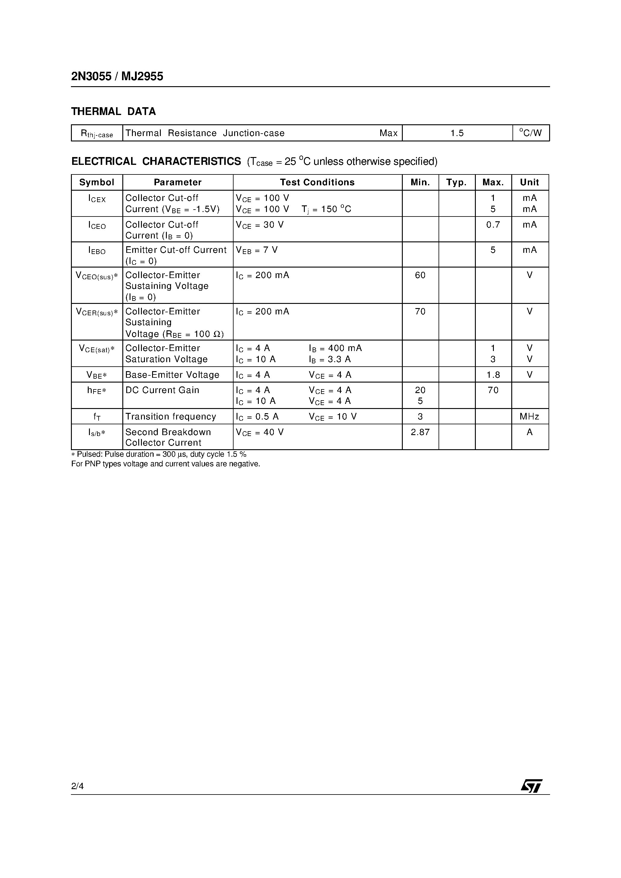 Datasheet MJ2955 page 2 Datasheet MJ2955 - COMPLEMENTARY SILICON POWER TRANSISTORS page 2
