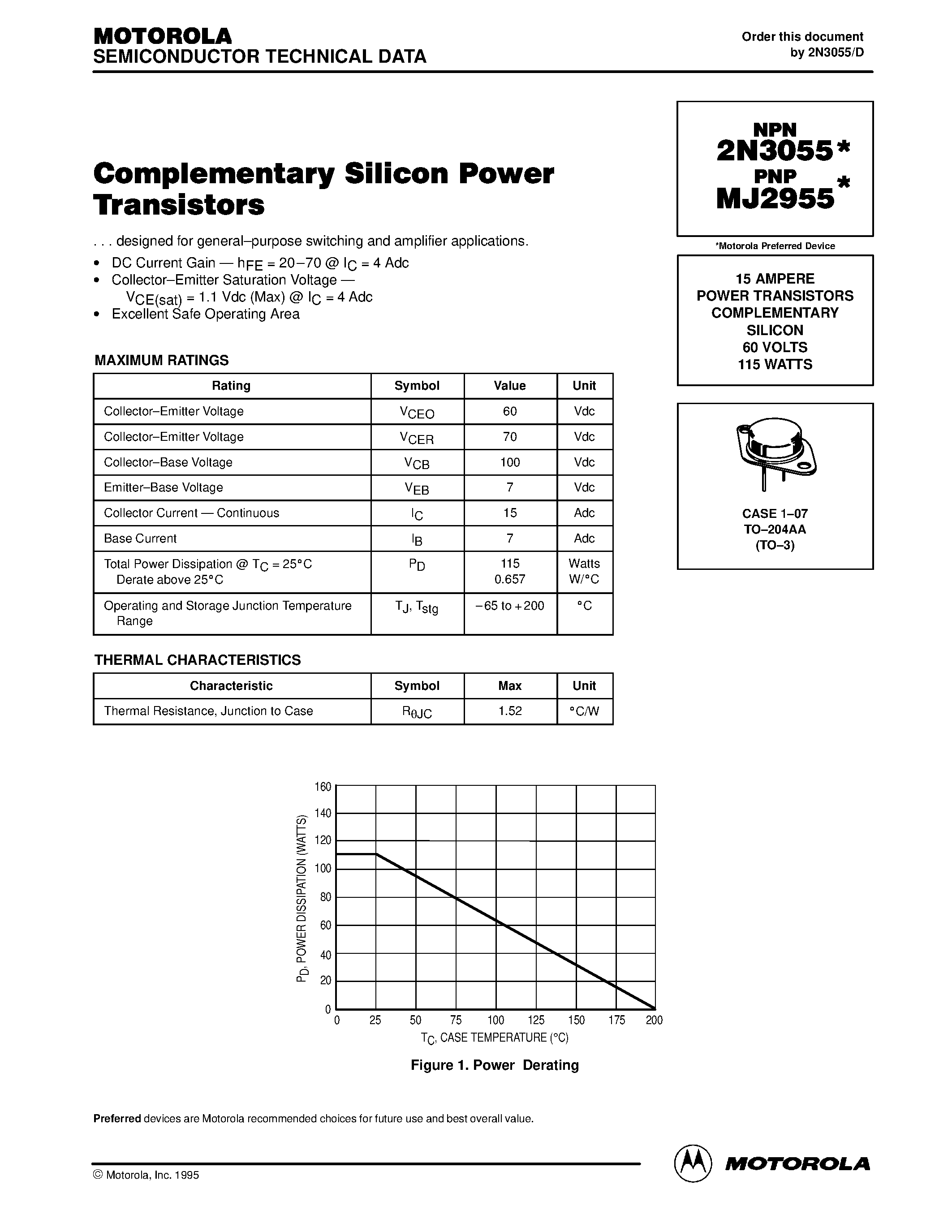 Даташит на микросхему MJ2955 страница 1 Даташит MJ2955 - 15 AMPERE POWER TRANSISTORS COMPLEMENTARY SILICON 60 VOLTS 115 WATTS страница 1