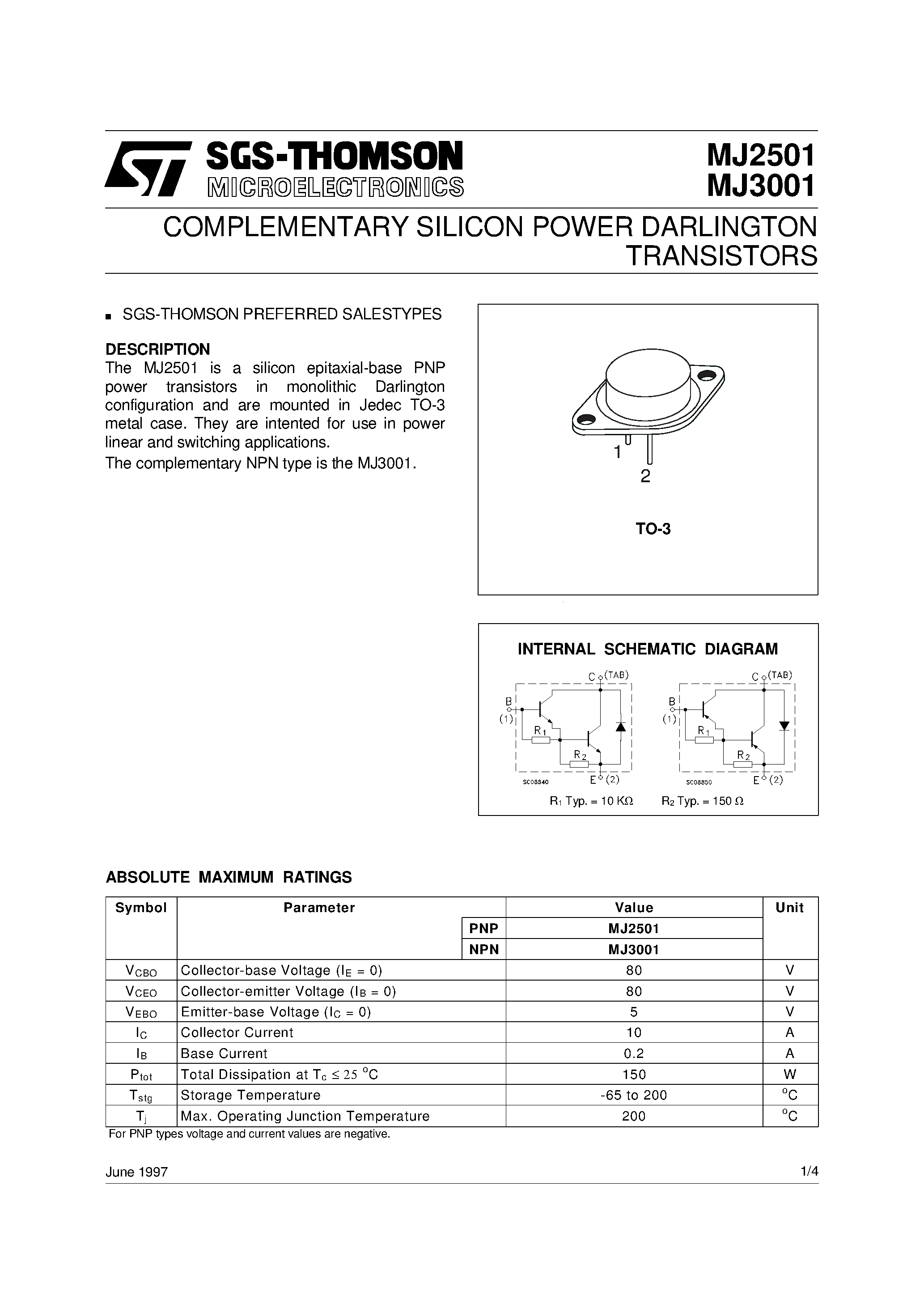 Даташит на микросхему MJ3001 страница 1 Даташит MJ3001 - COMPLEMENTARY SILICON POWER DARLINGTON TRANSISTORS страница 1