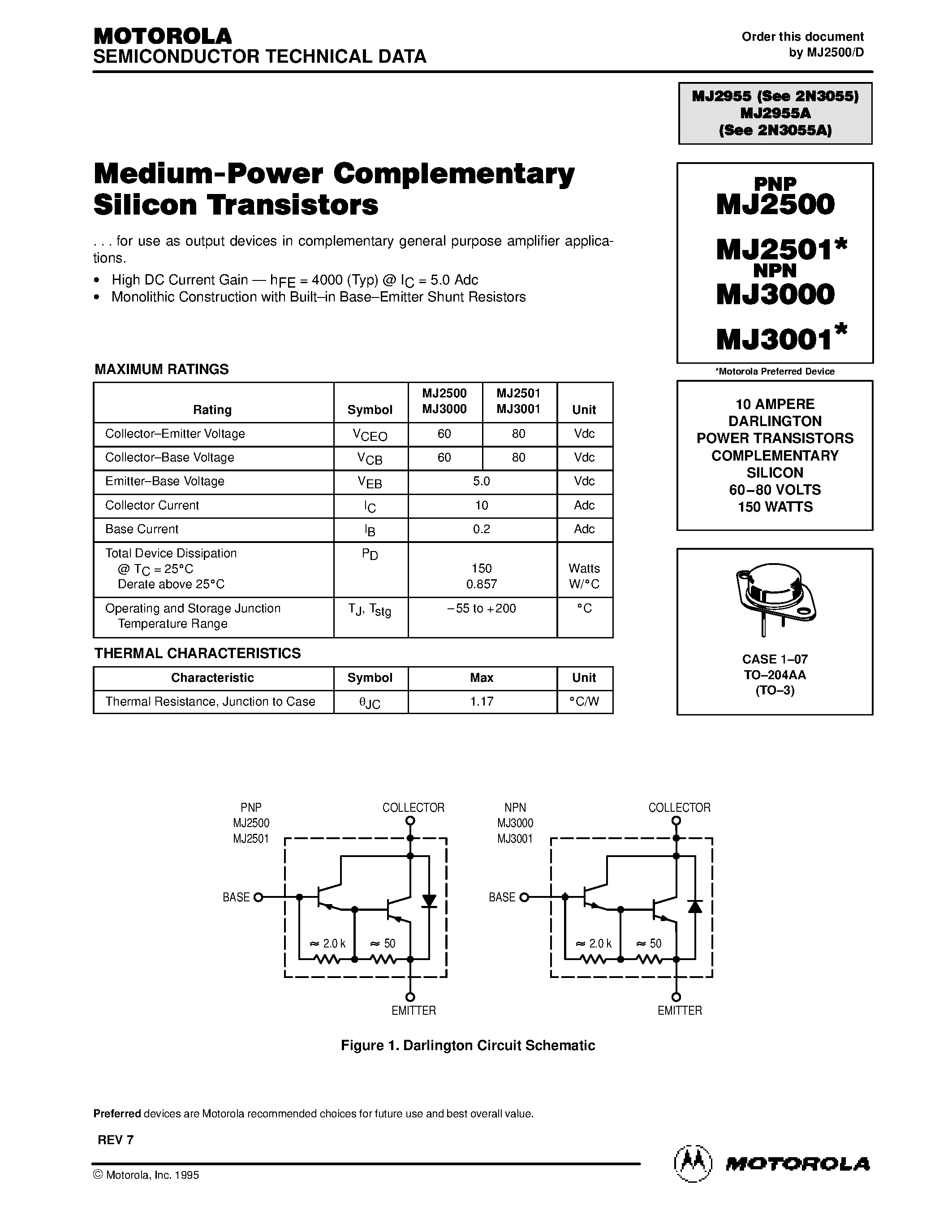Даташит MJ3001 - 10 AMPERE DARLINGTON POWER TRANSISTORS COMPLEMENTARY SILICON 60.80 VOLTS 150 WATTS страница 1