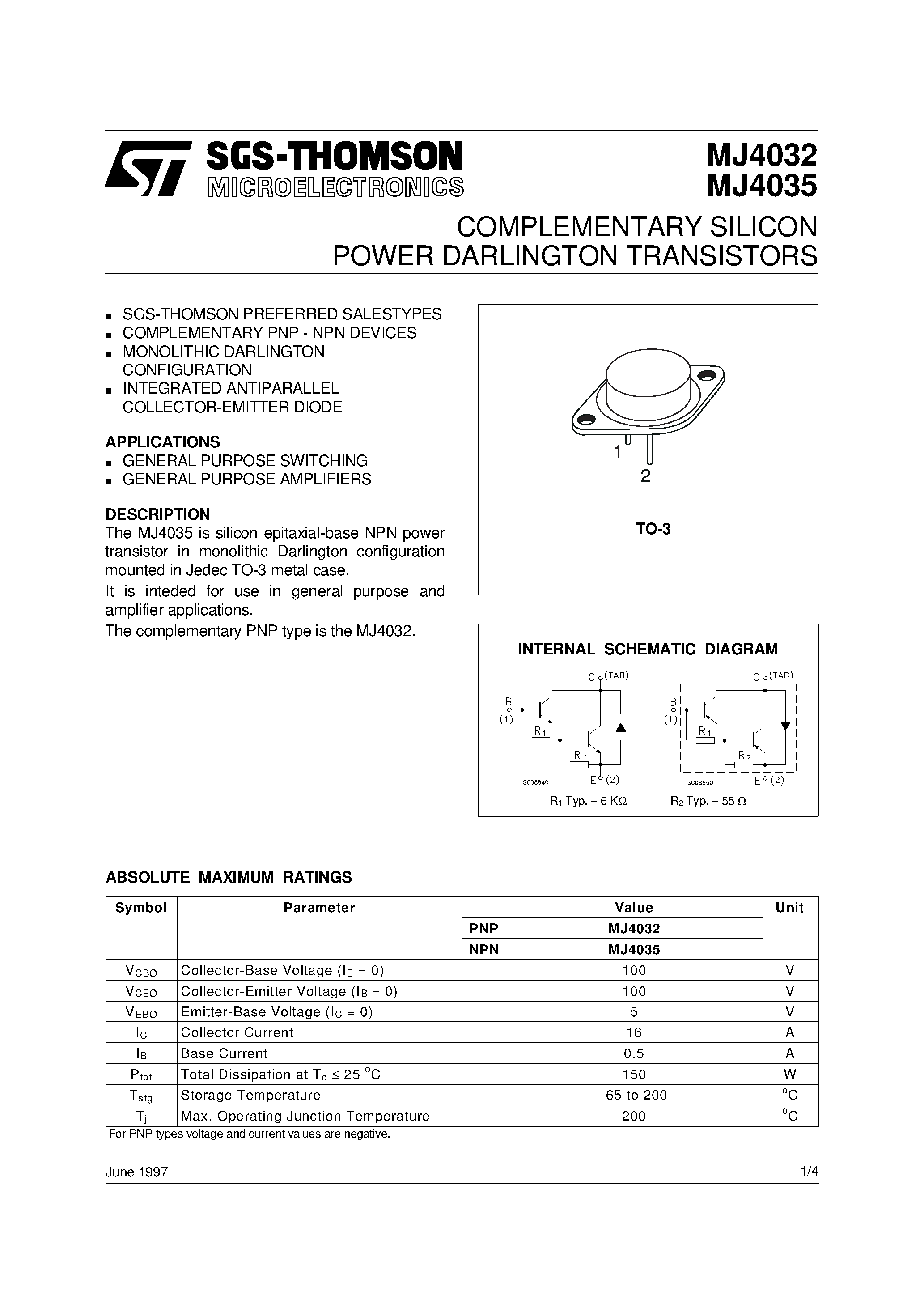 Даташит на микросхему MJ4035 страница 1 Даташит MJ4035 - COMPLEMENTARY SILICON POWER DARLINGTON TRANSISTORS страница 1