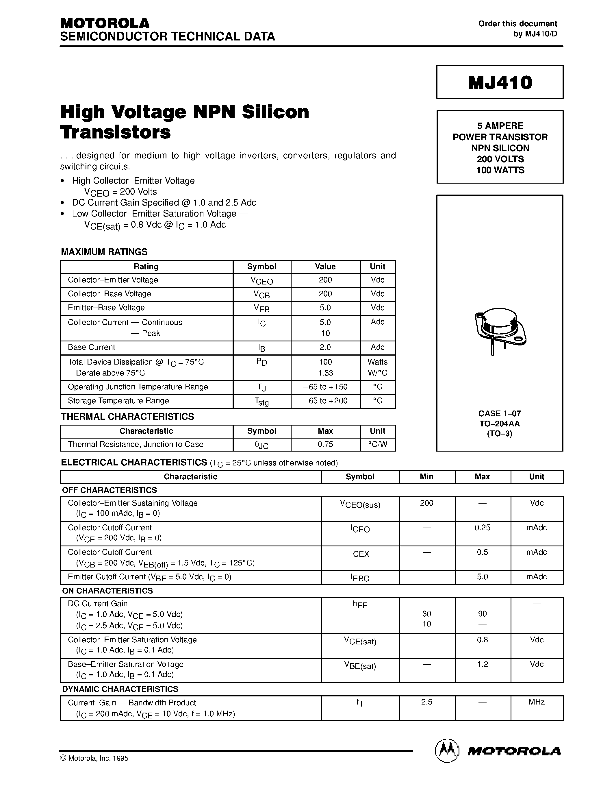Datasheet MJ410 - 5 AMPERE POWER TRANSISTOR NPN SILICON page 1