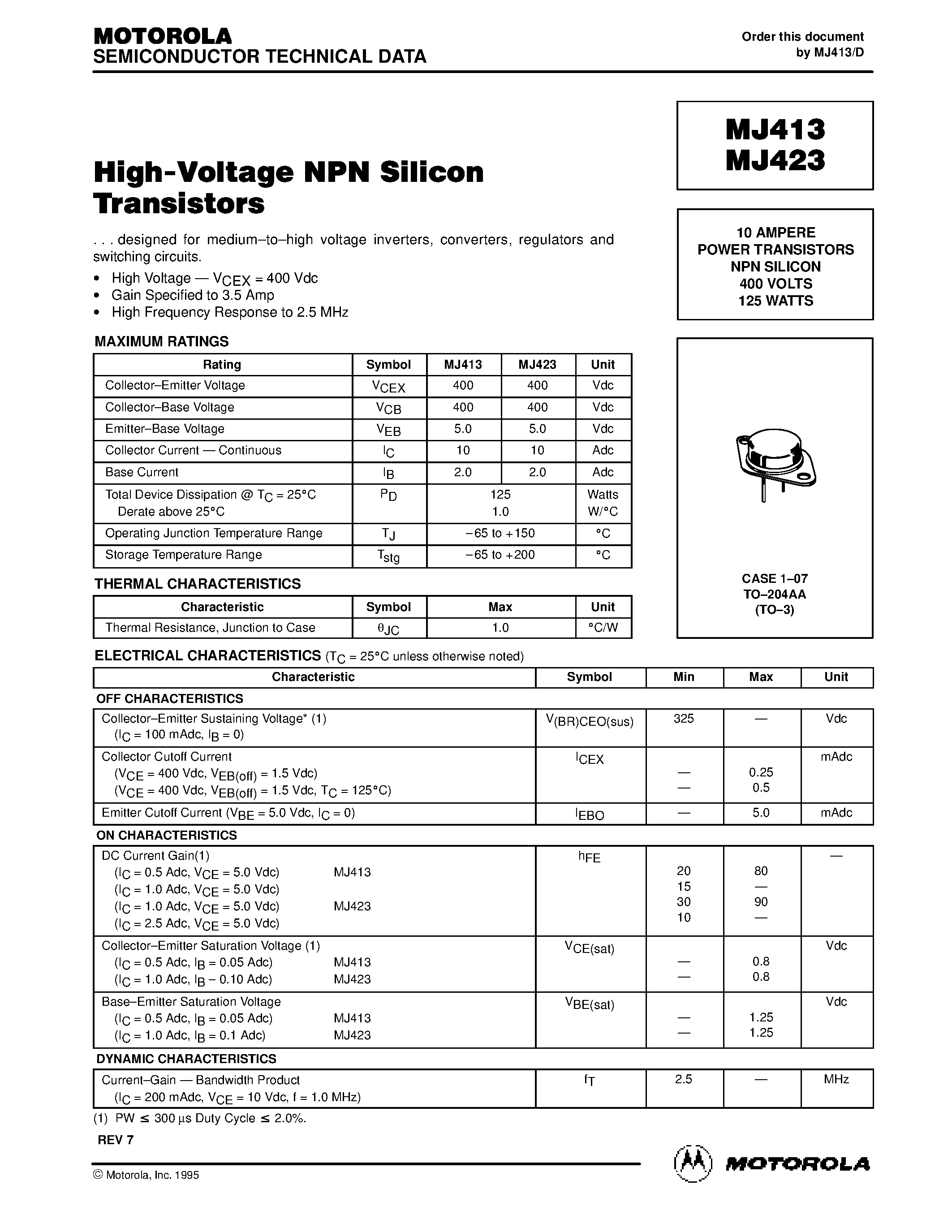 Даташит MJ413 - 10 AMPERE POWER TRANSISTORS NPN SILICON страница 1