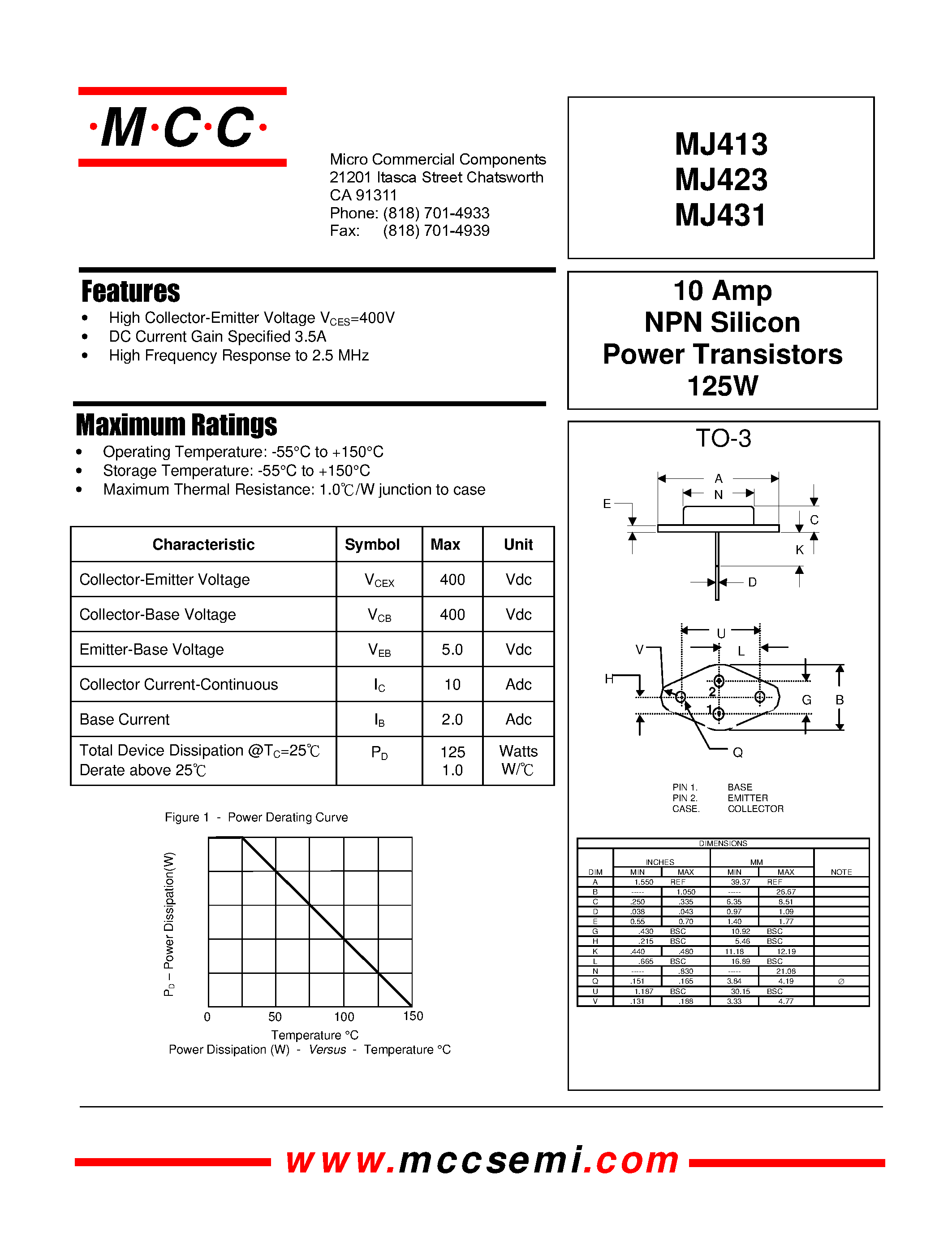Даташит на микросхему MJ413 страница 1 Даташит MJ413 - 10 Amp NPN Silicon Power Transistors 125W страница 1