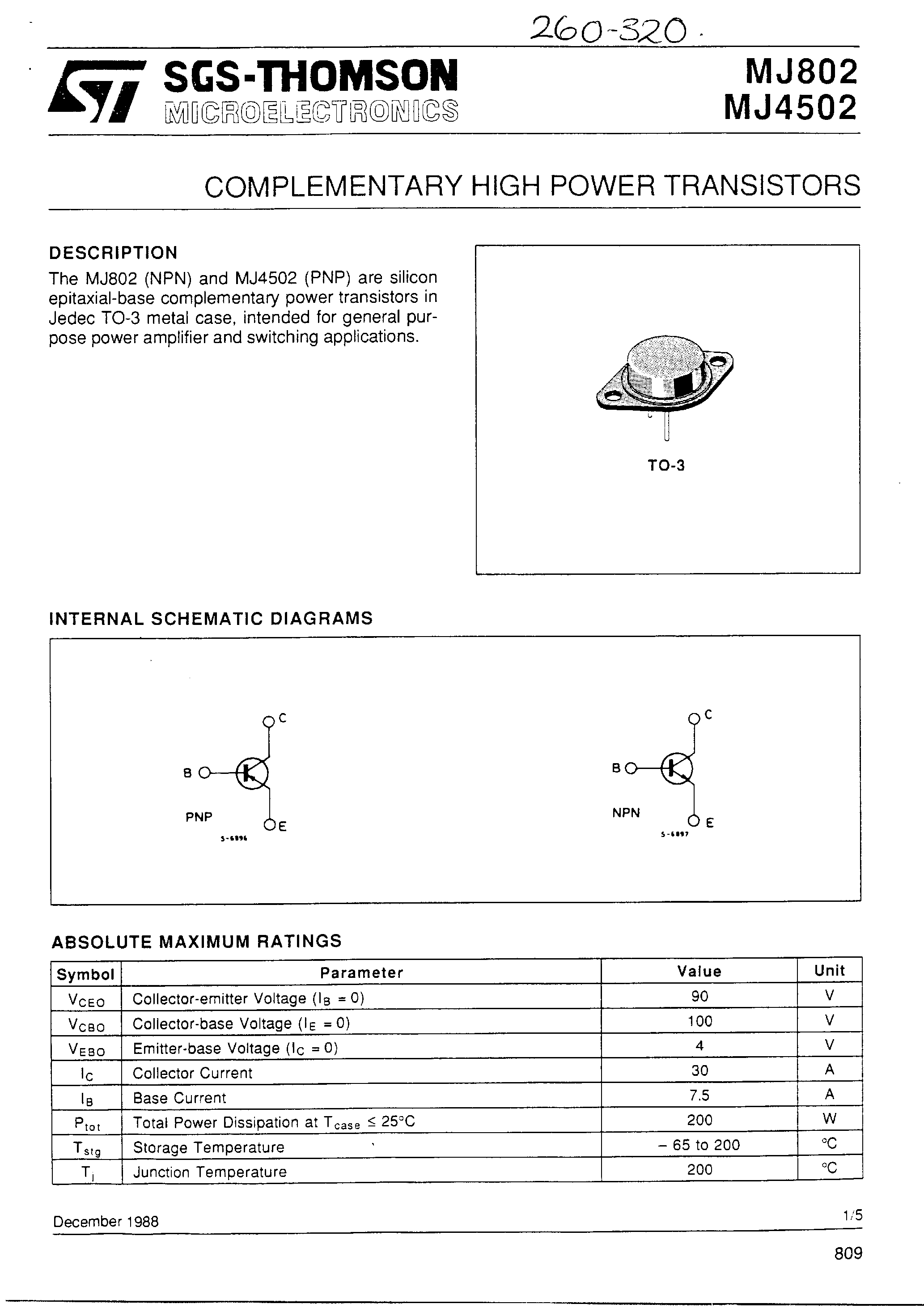Даташит на микросхему MJ4502 страница 1 Даташит MJ4502 - COMPLEMENTARY HIGH POWER TRANSISTORS страница 1