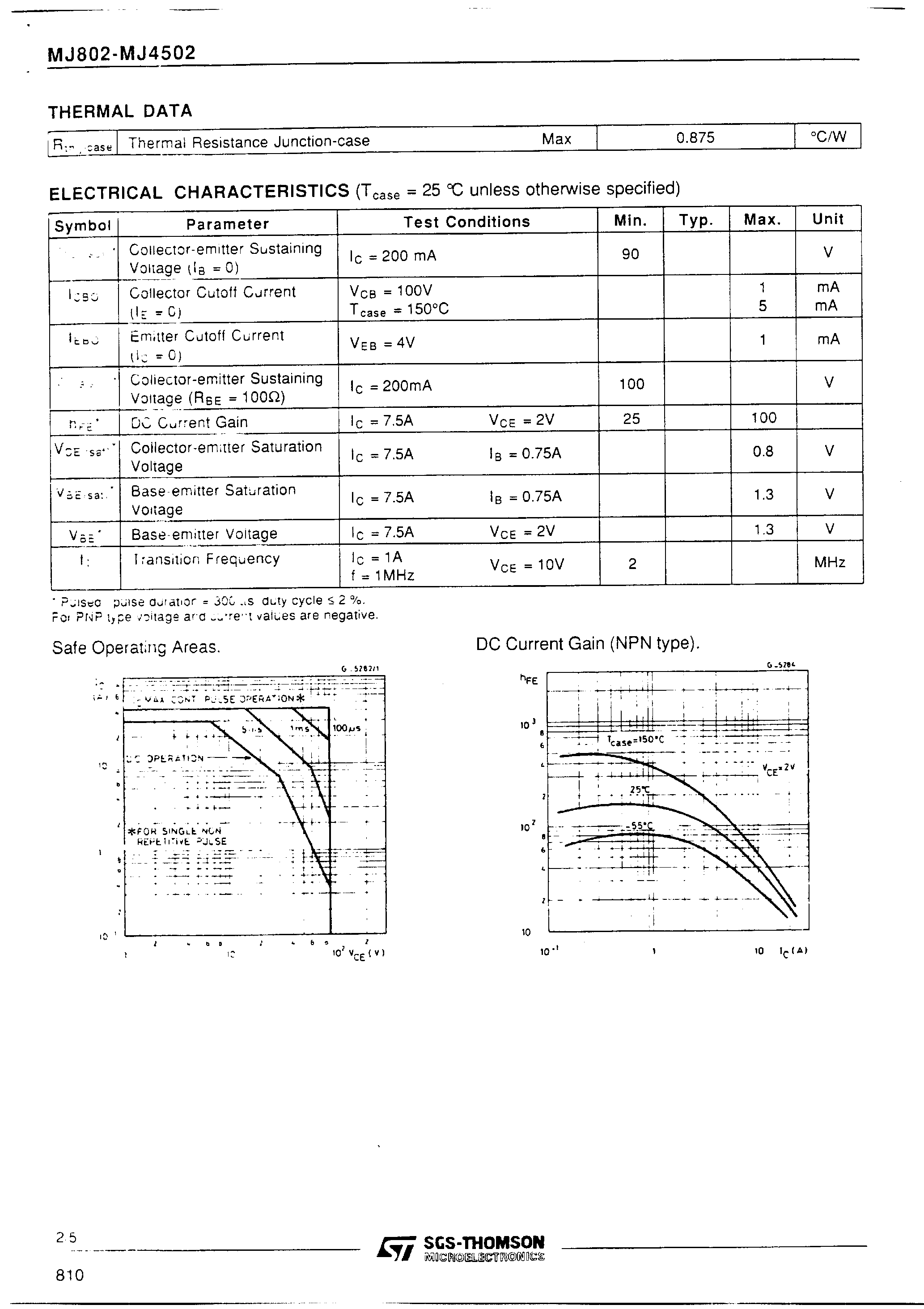 Даташит на микросхему MJ4502 страница 2 Даташит MJ4502 - COMPLEMENTARY HIGH POWER TRANSISTORS страница 2