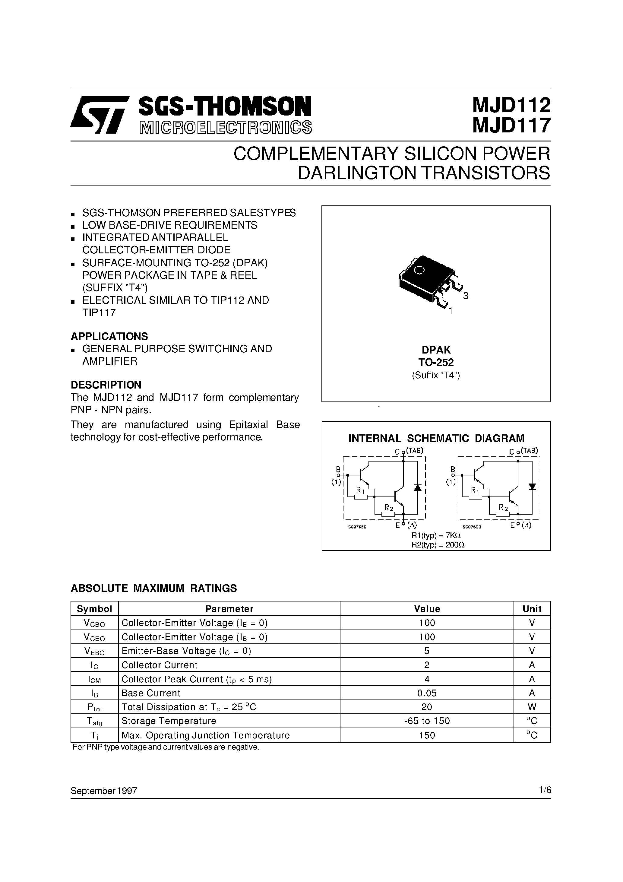 Даташит на микросхему MJD112 страница 1 Даташит MJD112 - COMPLEMENTARY SILICON POWER DARLINGTON TRANSISTORS страница 1
