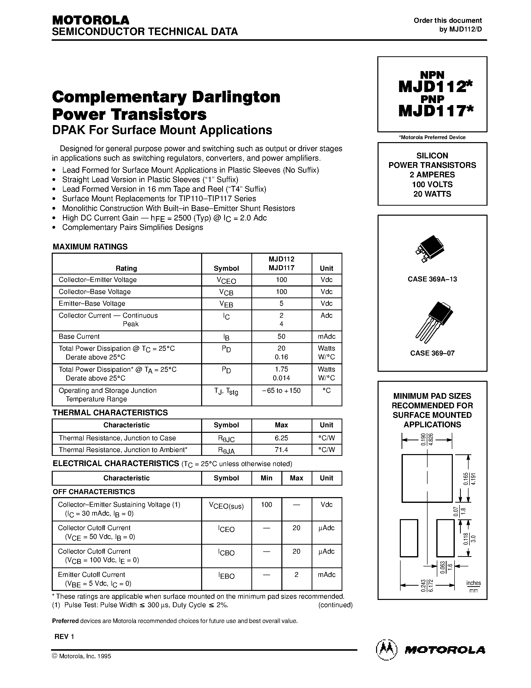 Datasheet MJD112 - SILICON POWER TRANSISTORS 2 AMPERES 100 VOLTS 20 WATTS page 1