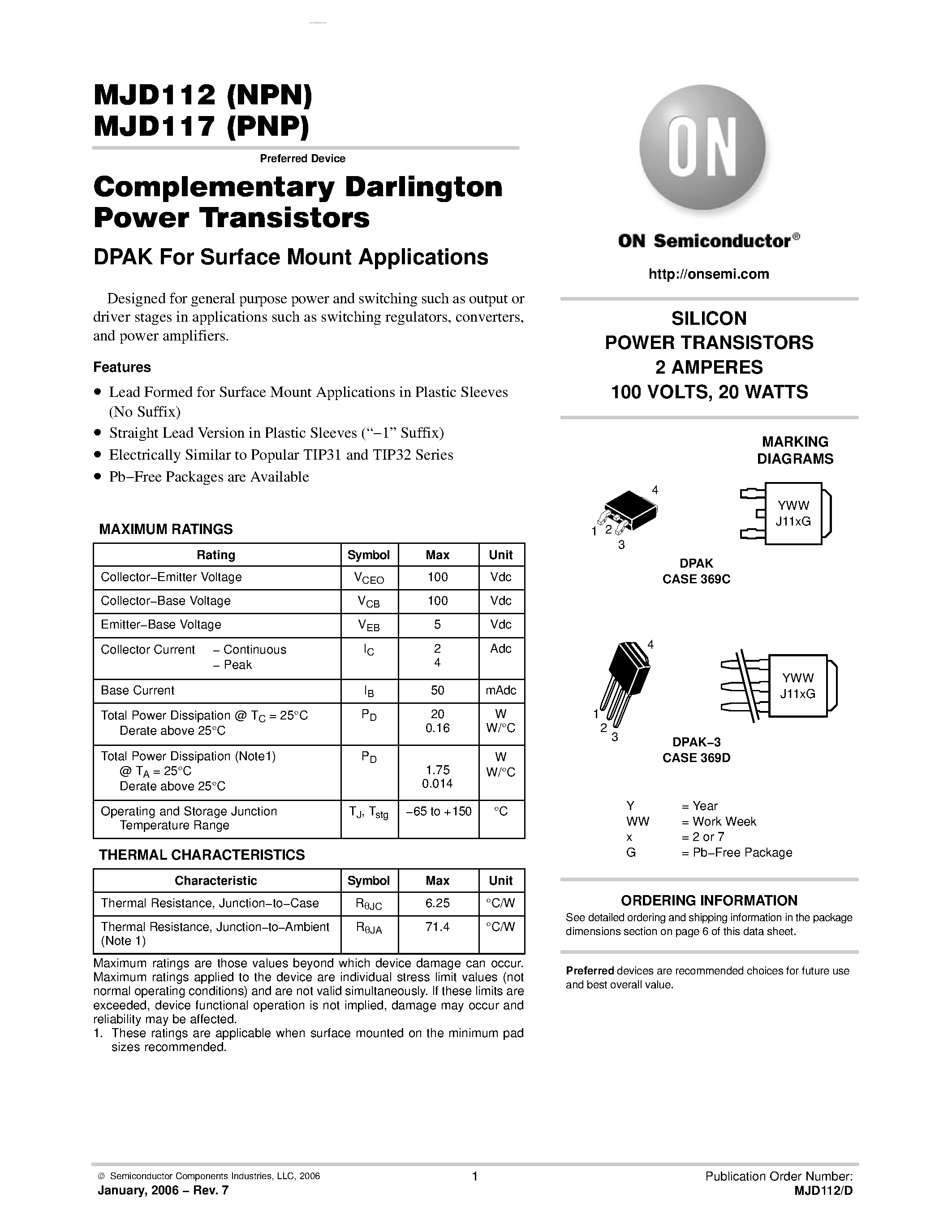 Даташит на микросхему MJD117 страница 1 Даташит MJD117 - Complementary Darlington Power Transistors страница 1