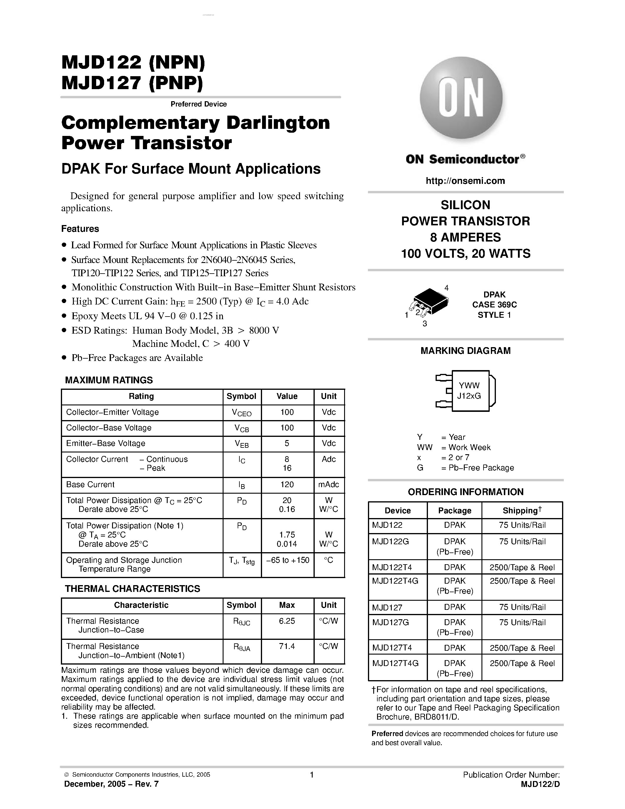 Даташит на микросхему MJD122 страница 1 Даташит MJD122 - Complementary Darlington Power Transistors страница 1
