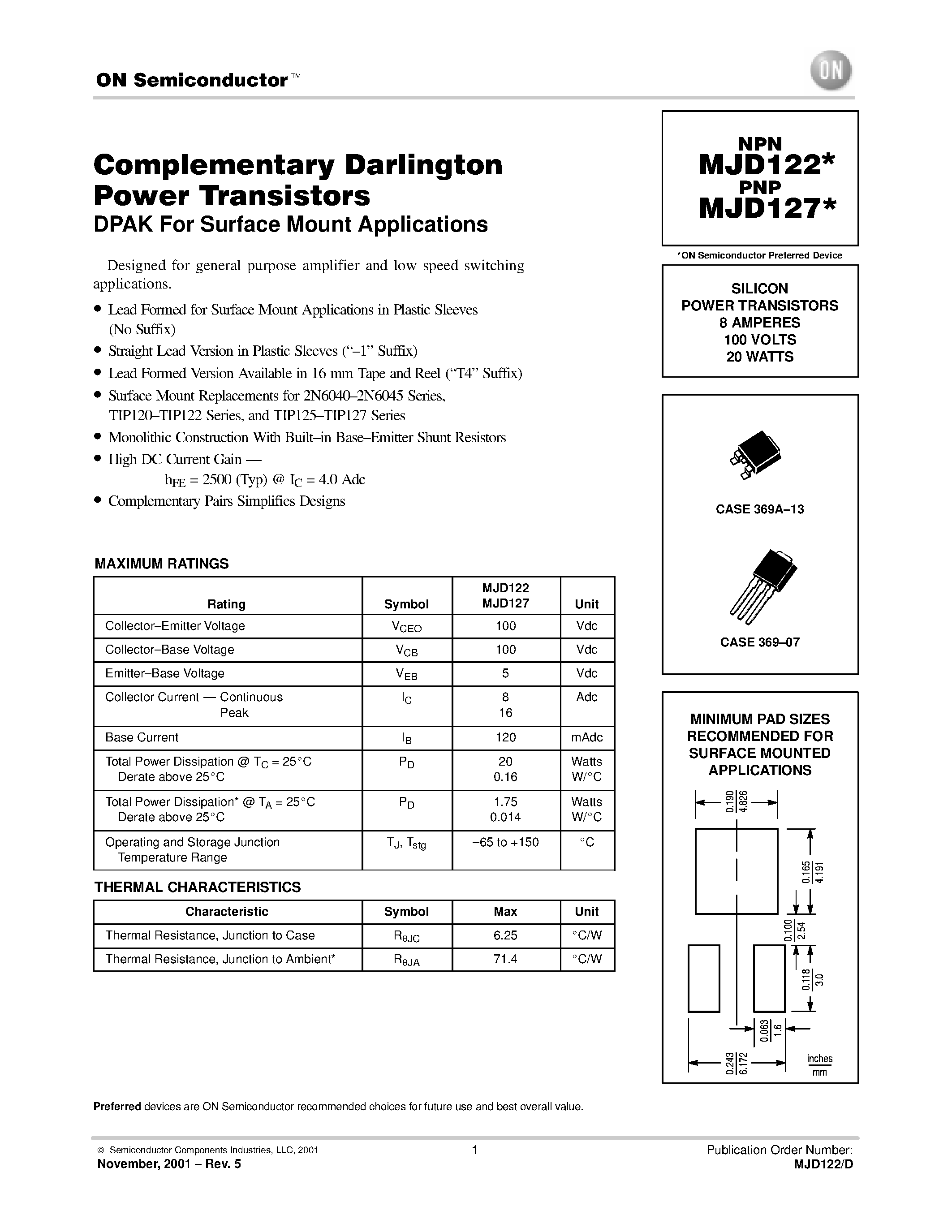 Даташит на микросхему MJD122 страница 1 Даташит MJD122 - Complementary Darlington Power Transistors страница 1