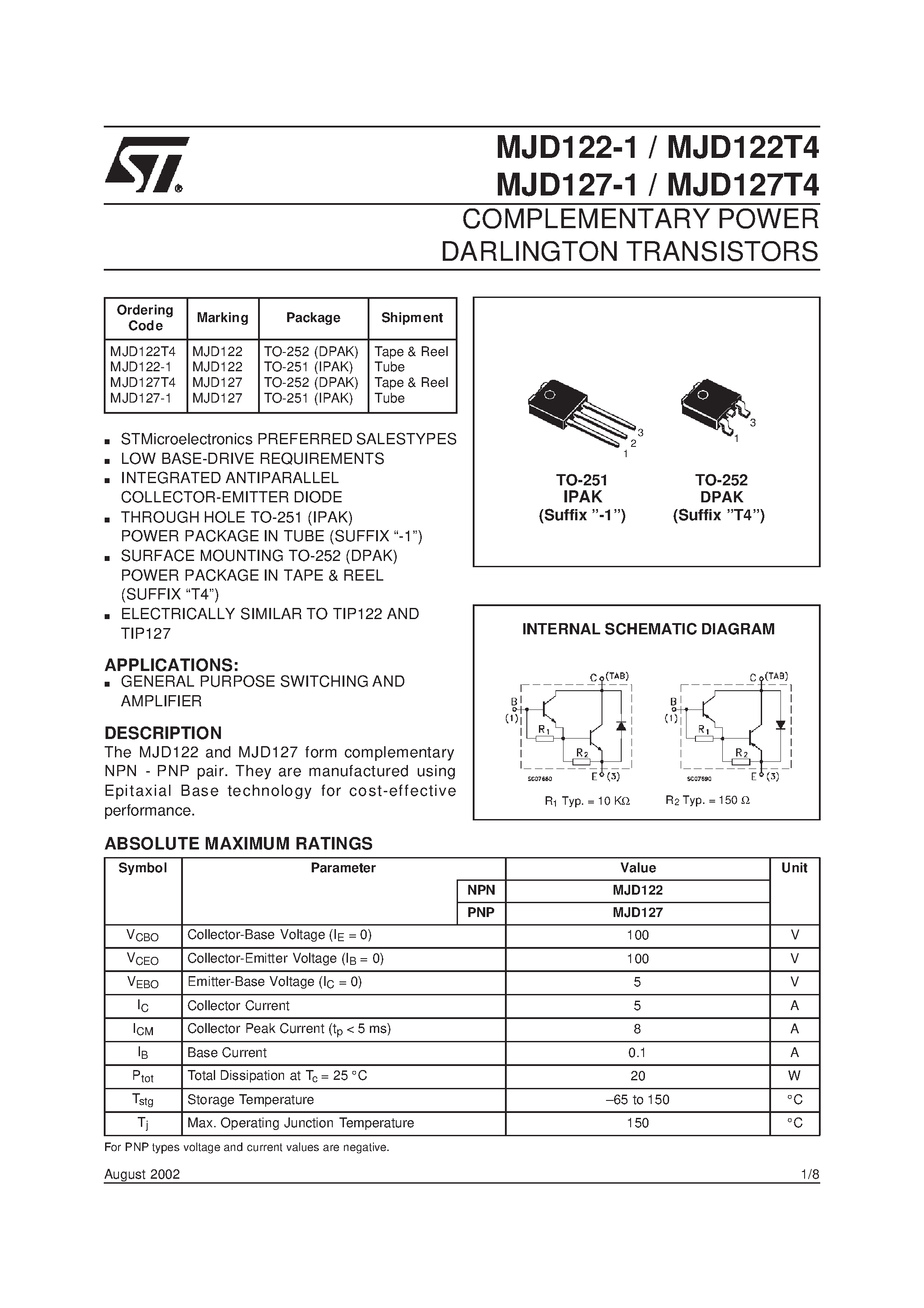 Datasheet MJD122-1 page 1 Datasheet MJD122-1 - COMPLEMENTARY POWER DARLINGTON TRANSISTORS page 1