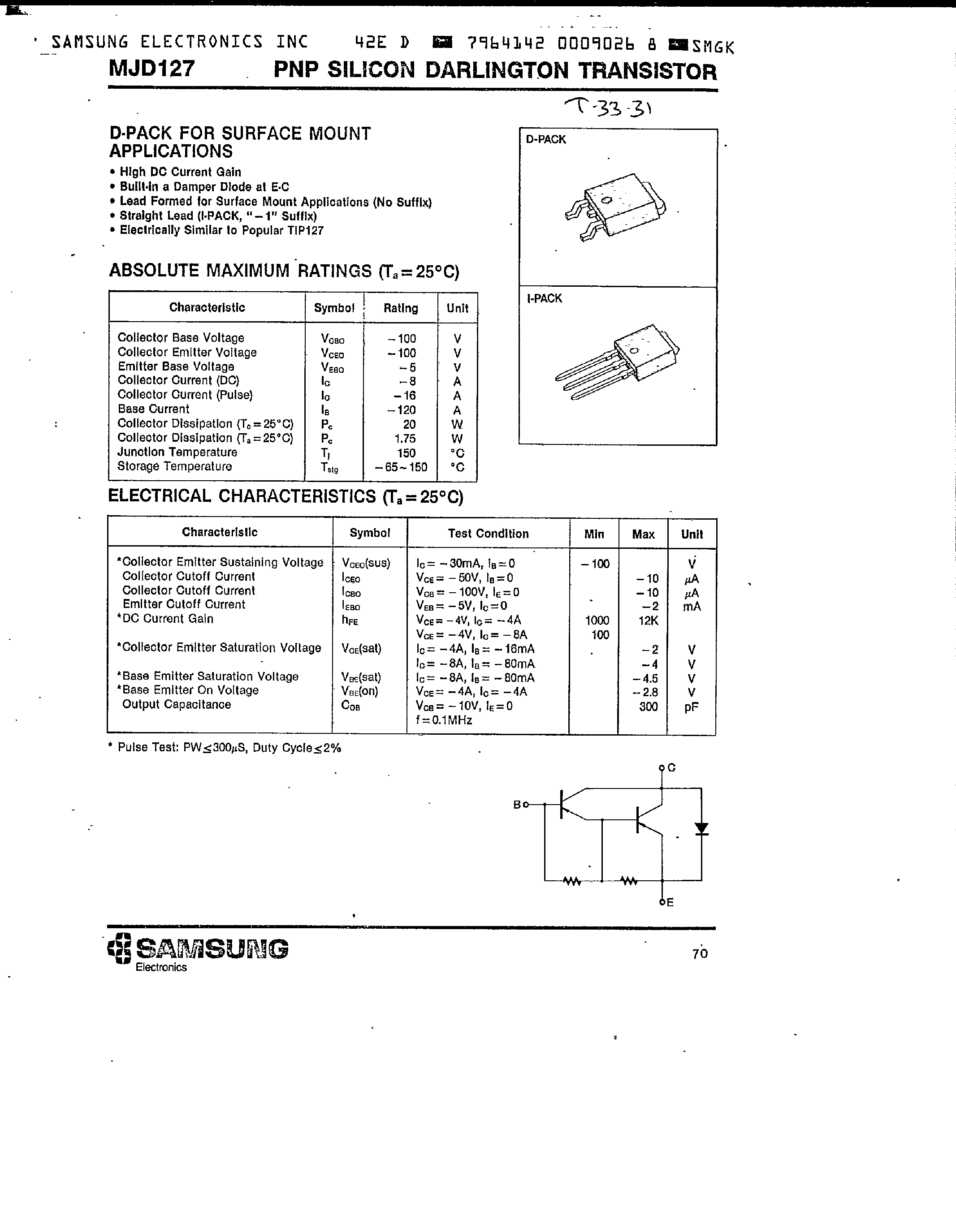 Datasheet MJD127 - PNP (D-PACK FOR SURFACE MOUNT APPLICATIONS) page 1