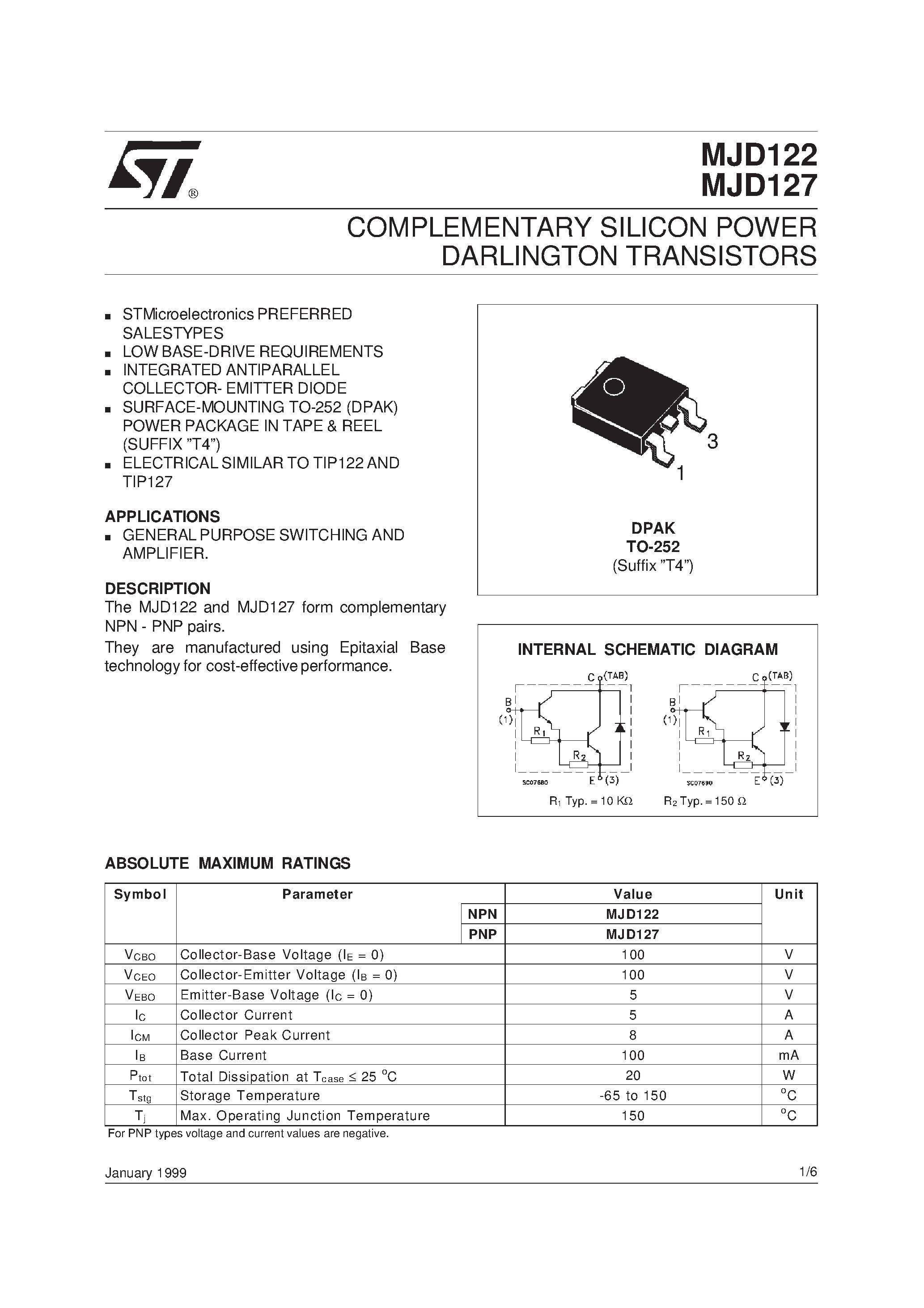 Даташит на микросхему MJD127 страница 1 Даташит MJD127 - COMPLEMENTARY SILICON POWER DARLINGTON TRANSISTORS страница 1