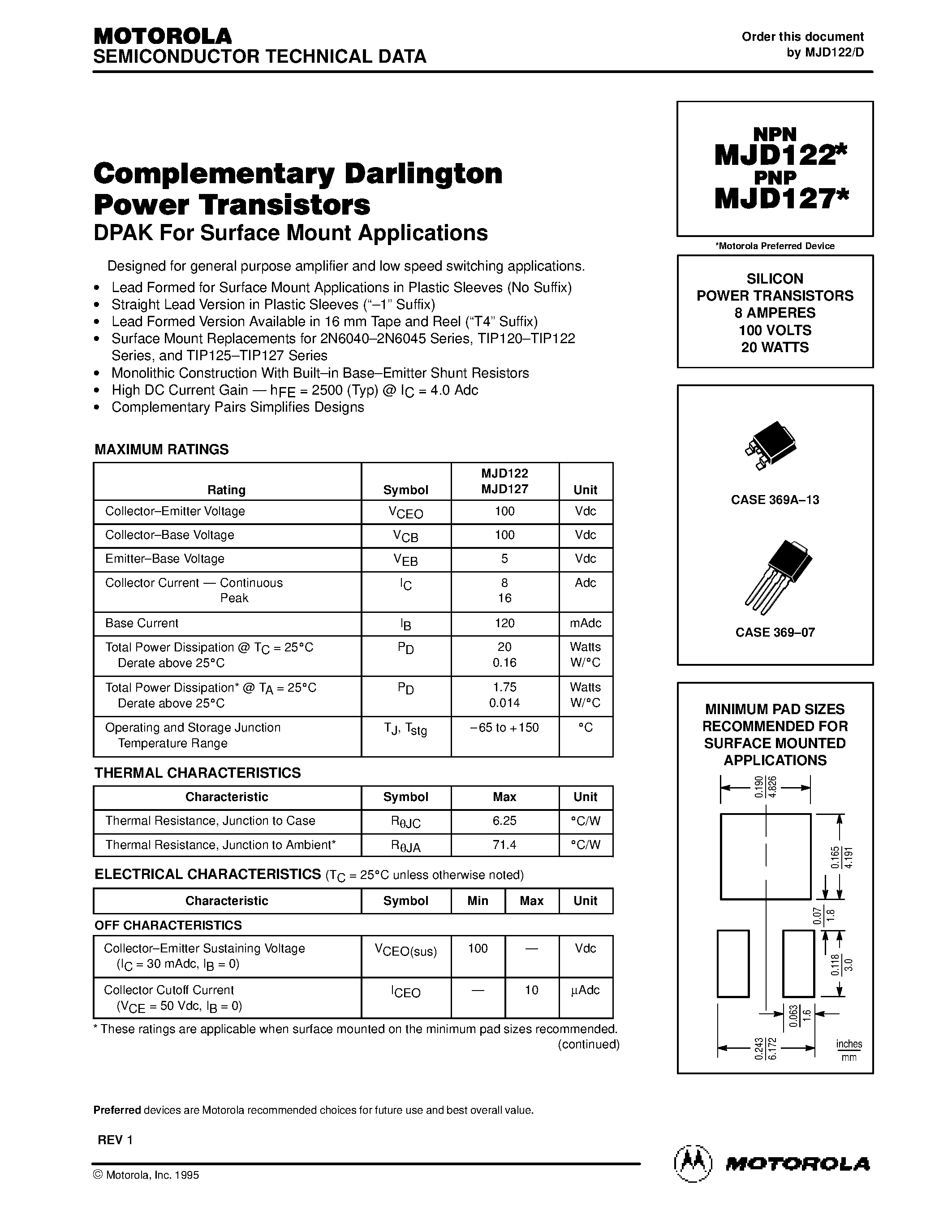 Datasheet MJD127-1 page 1 Datasheet MJD127-1 - SILICON POWER TRANSISTORS 8 AMPERES 100 VOLTS 20 WATT page 1