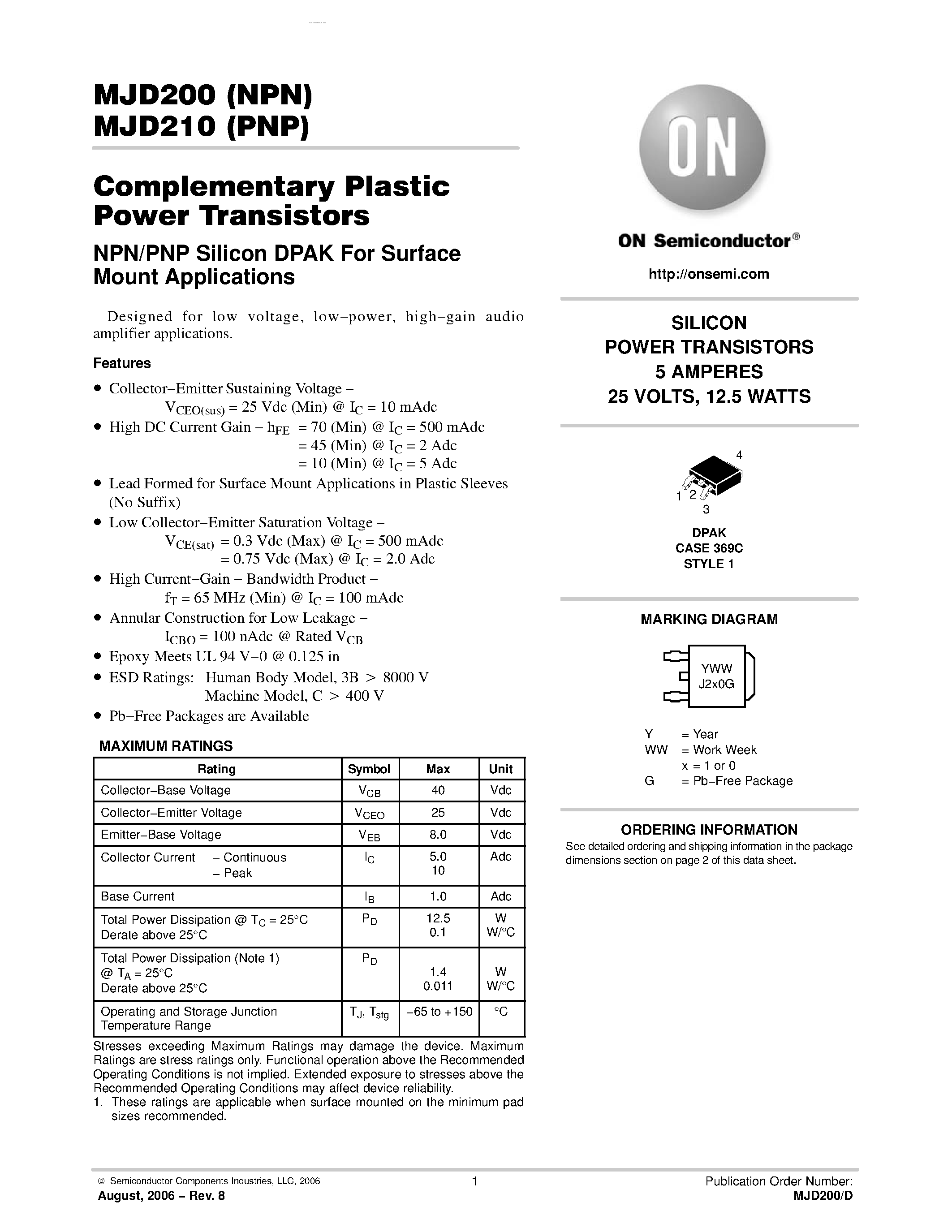 Даташит на микросхему MJD200 страница 1 Даташит MJD200 - Complementary Plastic Power Transistors страница 1