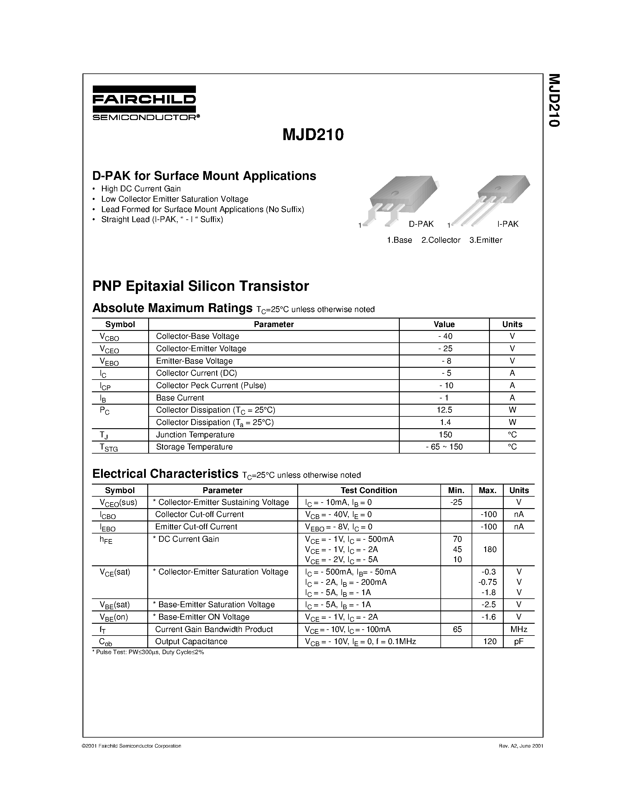 Datasheet MJD210 page 1 Datasheet MJD210 - D-PAK for Surface Mount Applications page 1