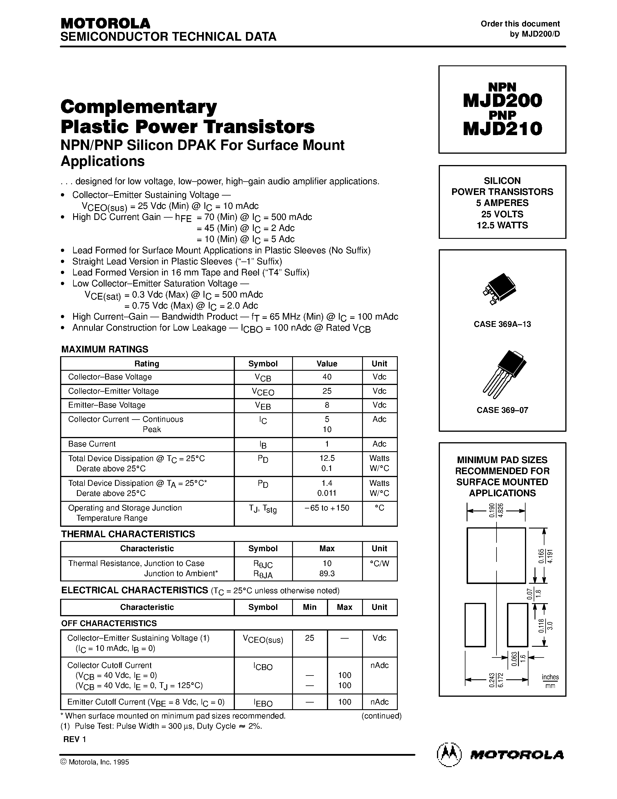 Datasheet MJD210-1 - SILICON POWER TRANSISTORS 5 AMPERES 25 VOLTS 12.5 WATTS page 1