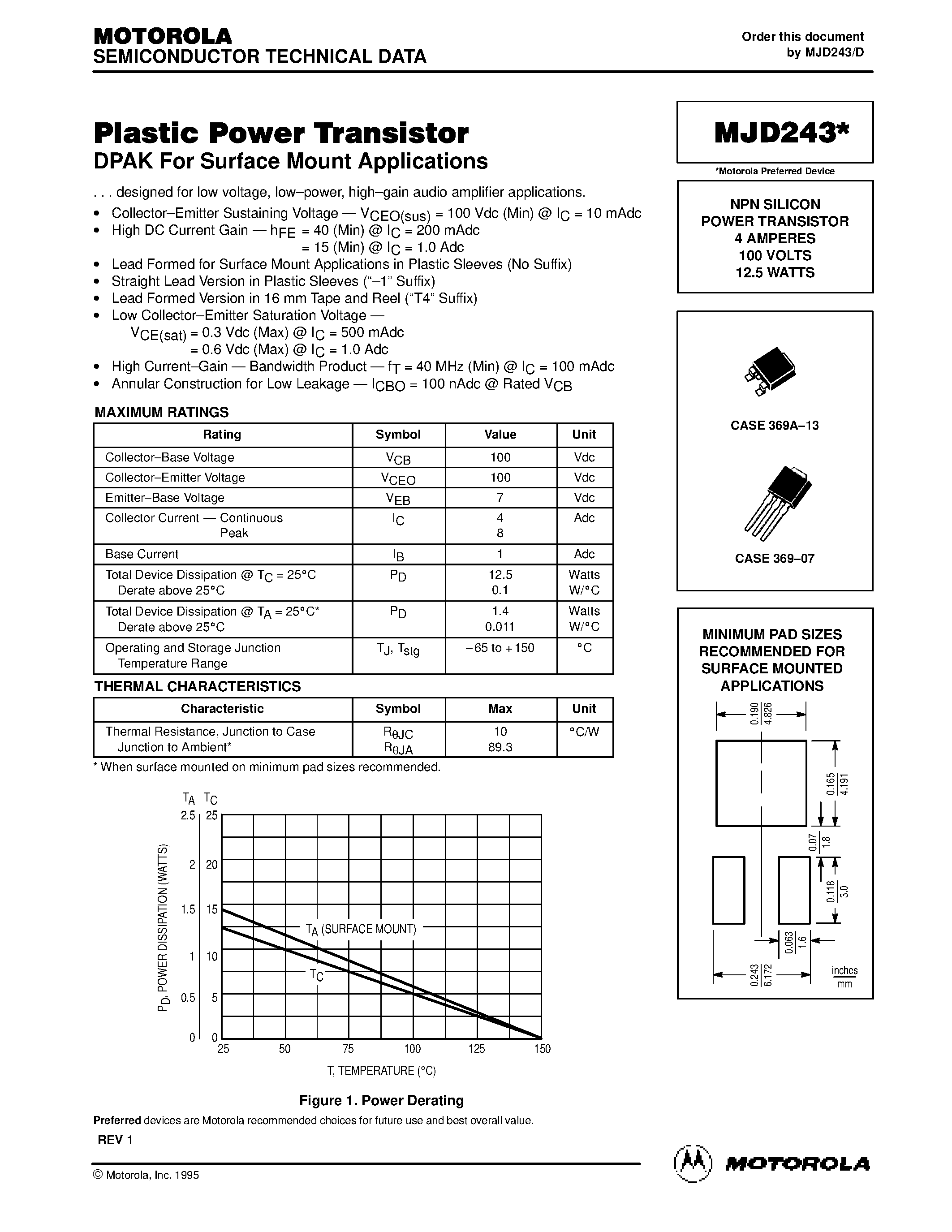 Datasheet MJD243 - NPN SILICON POWER TRANSISTOR 4 AMPERES 100 VOLTS 12.5 WATTS page 1